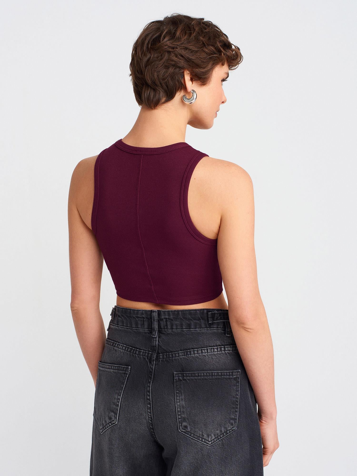 Crop 20820 Dikiş Efektli Crop Top Bordo