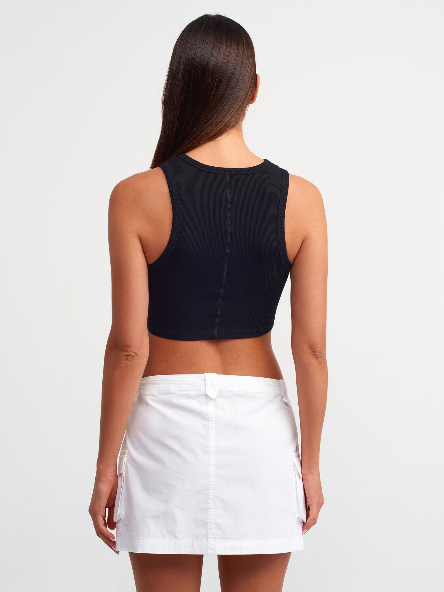 T-Shirt20820 Dikiş Efektli Crop Top Siyah