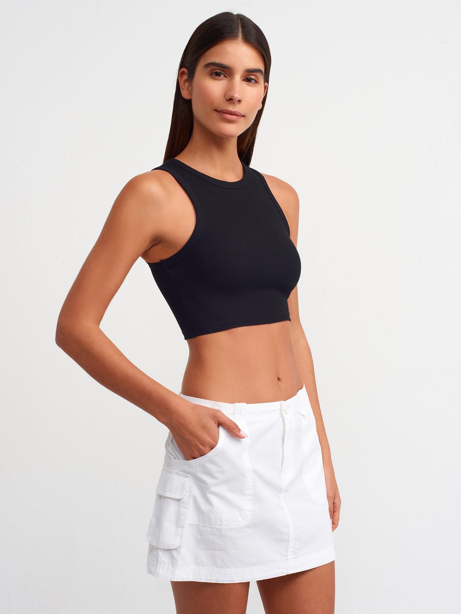 T-Shirt20820 Dikiş Efektli Crop Top Siyah