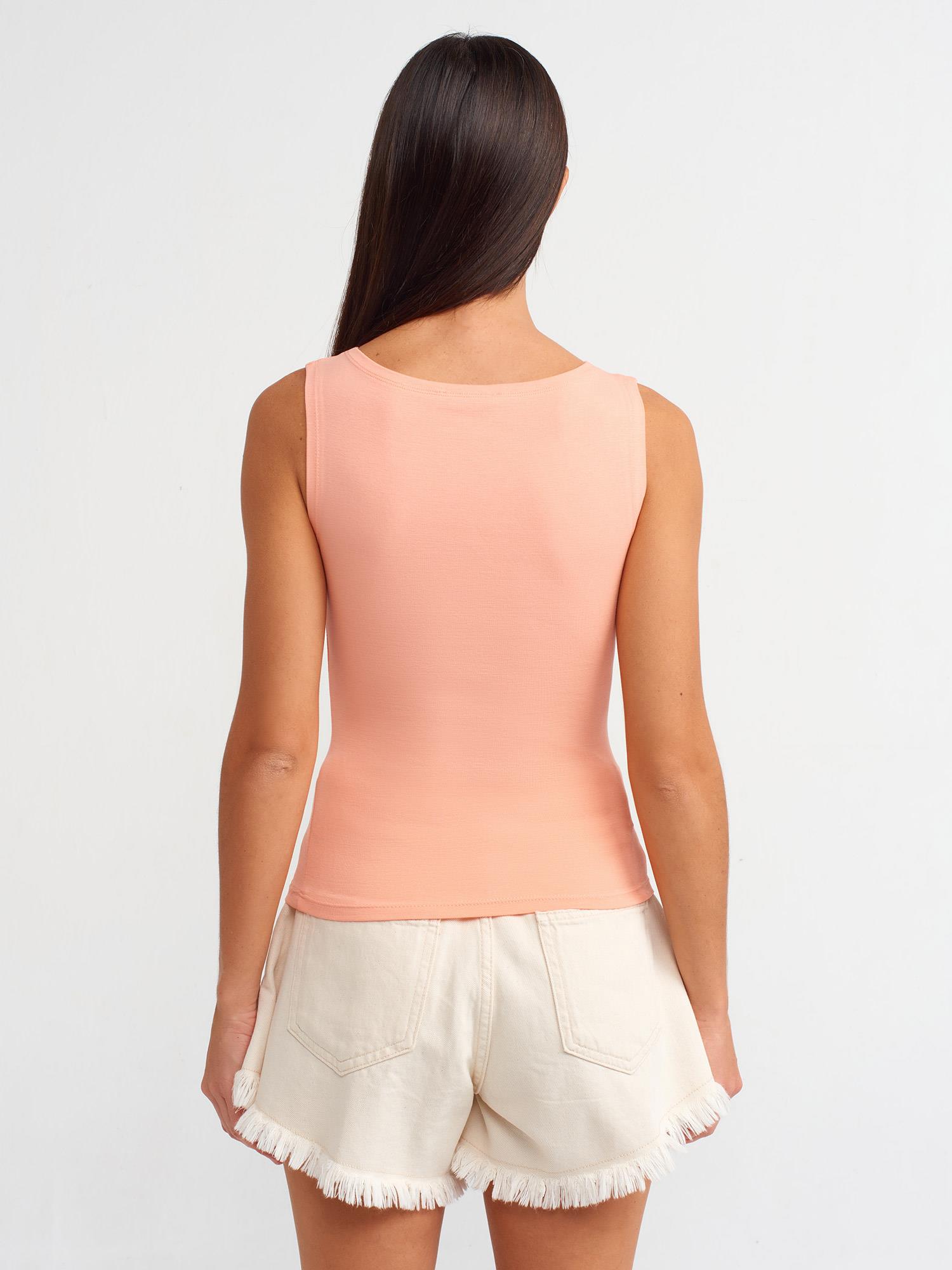 T-Shirt20868 Kayık Yaka Kolsuz Top Turuncu