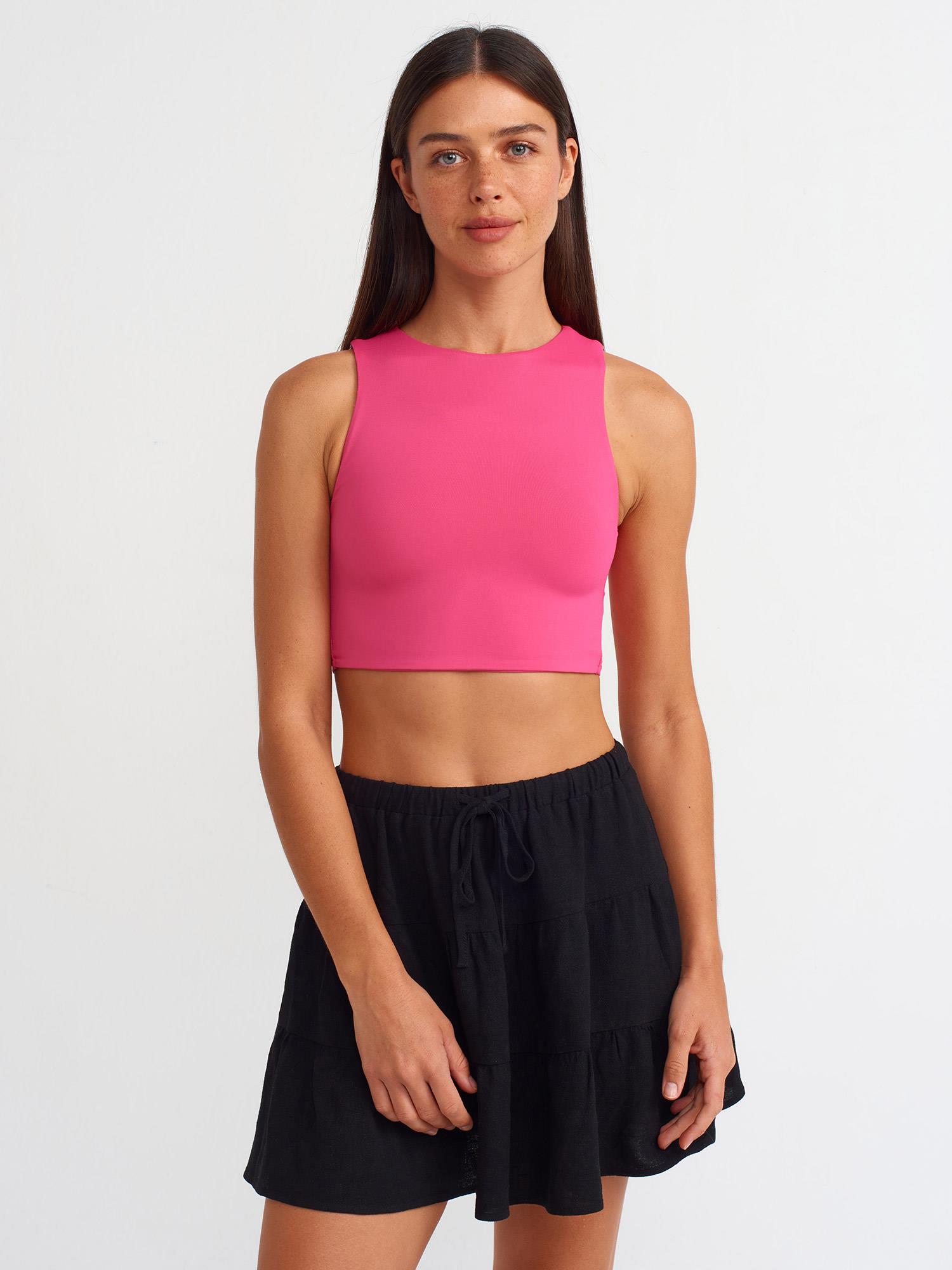 T-Shirt20902 Poliamid Crop Top Fuşya