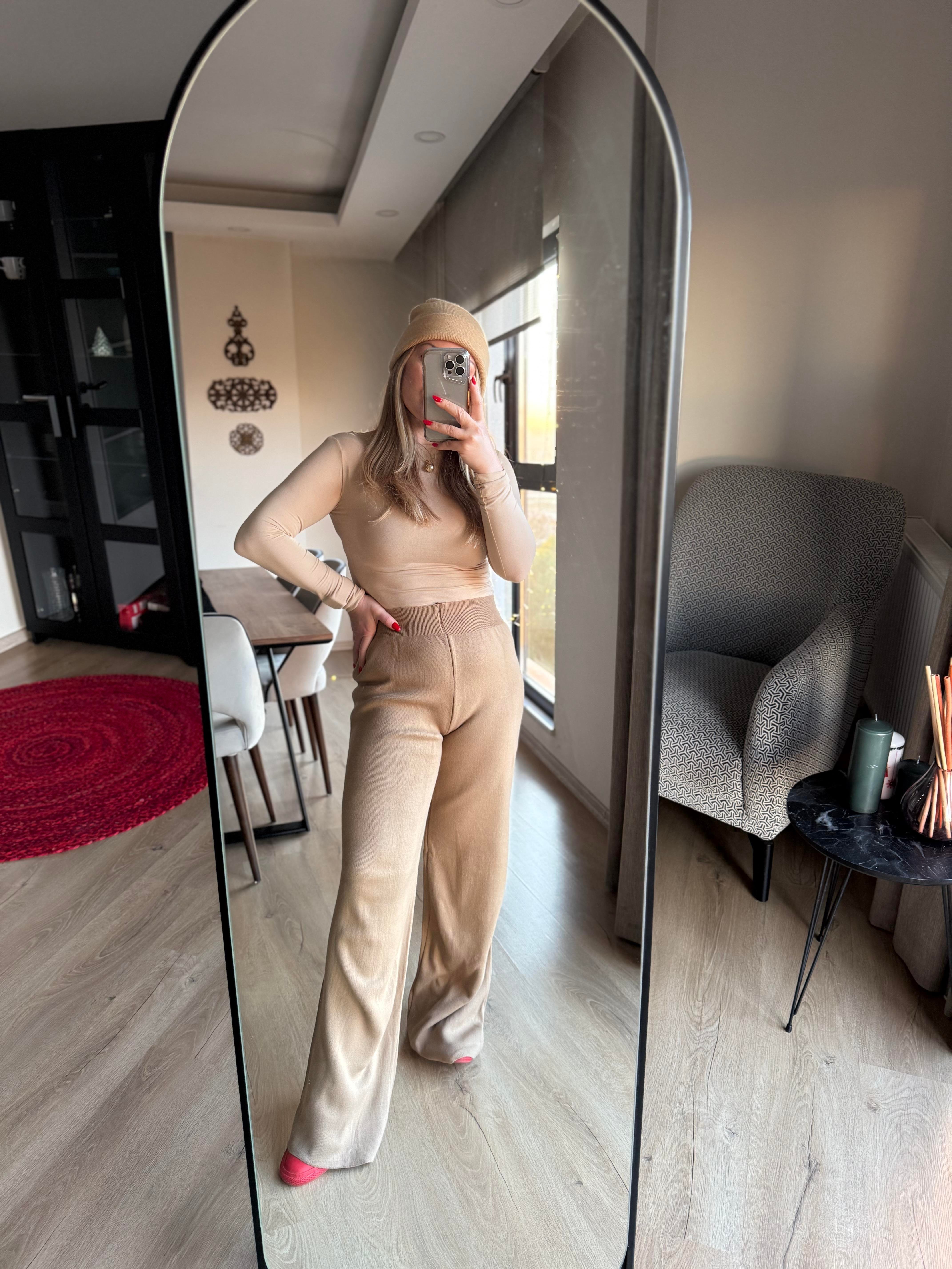 Pantolon24025 Beli Lastikli Triko Pantolon Camel