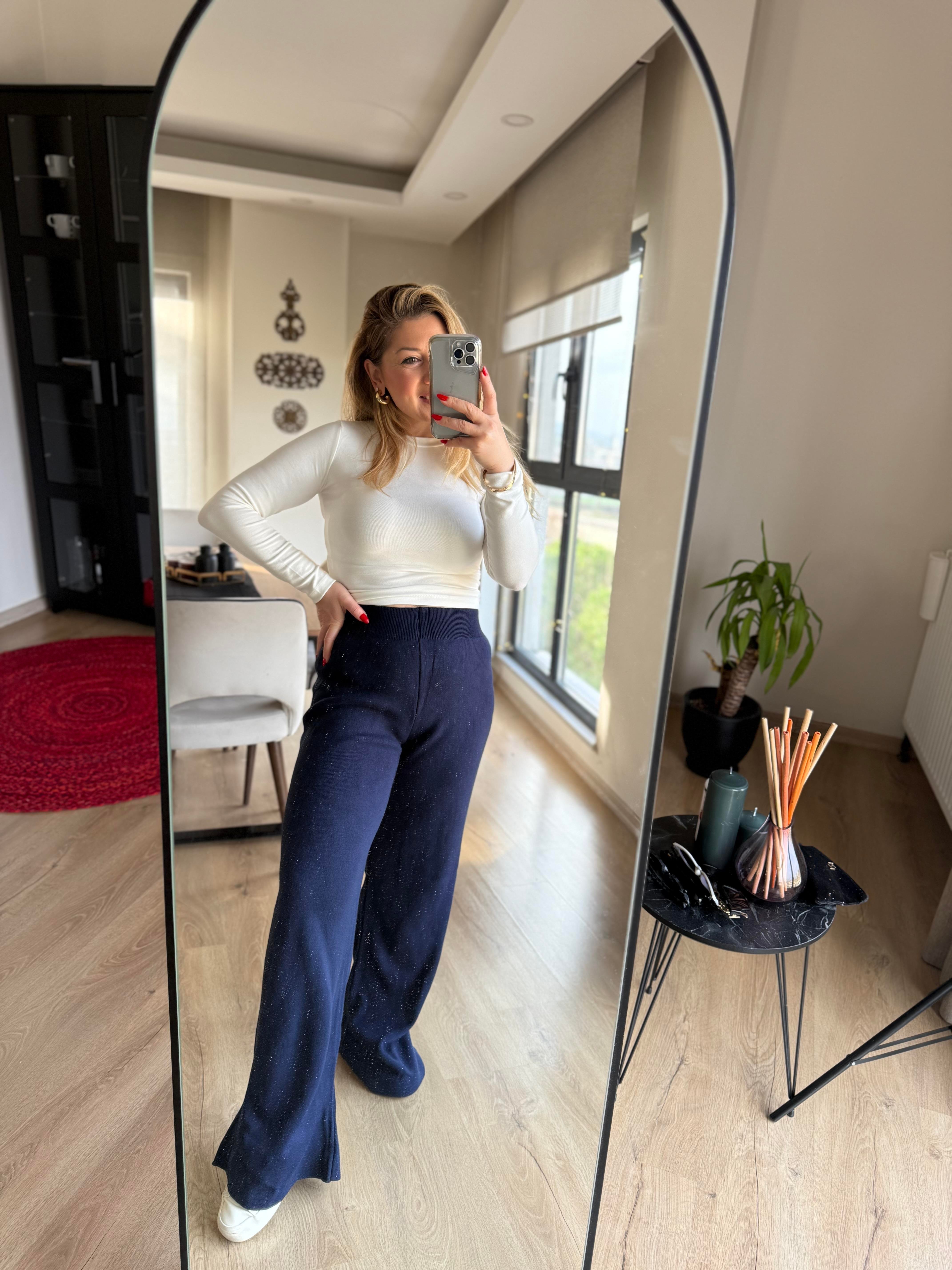 Pantolon24025 Beli Lastikli Triko Pantolon Lacivert