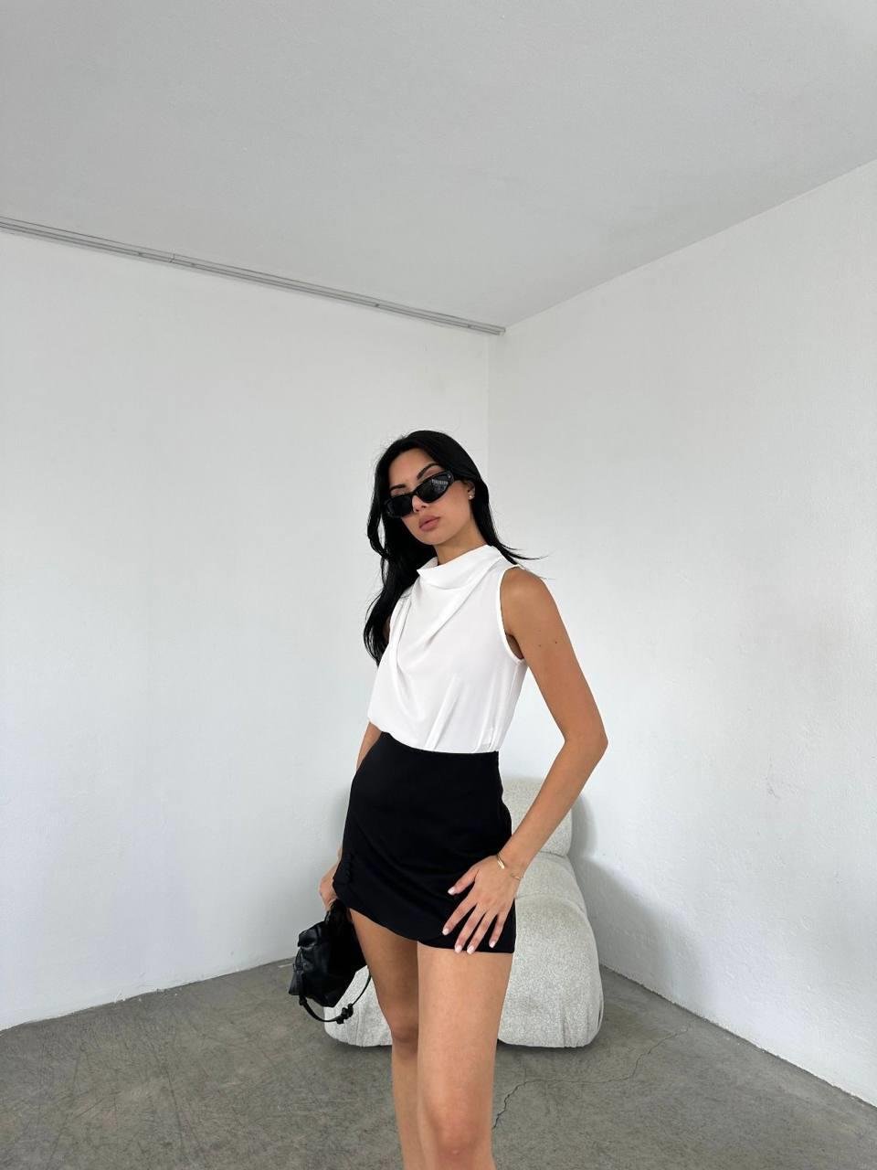Bluz241407 Omuz Pileli Degaje Yaka Bluz Beyaz
