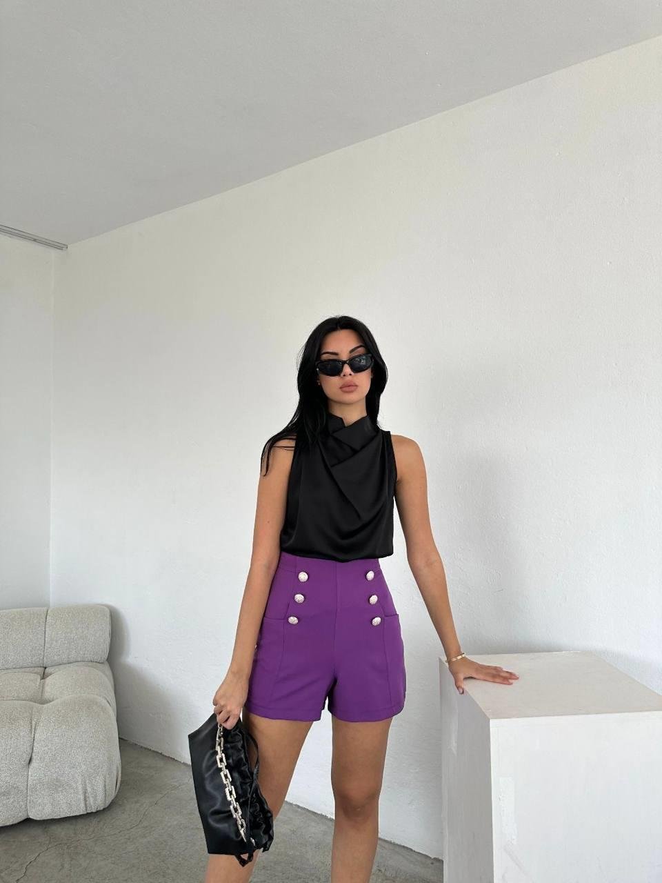 Bluz241407 Omuz Pileli Degaje Yaka Bluz Siyah