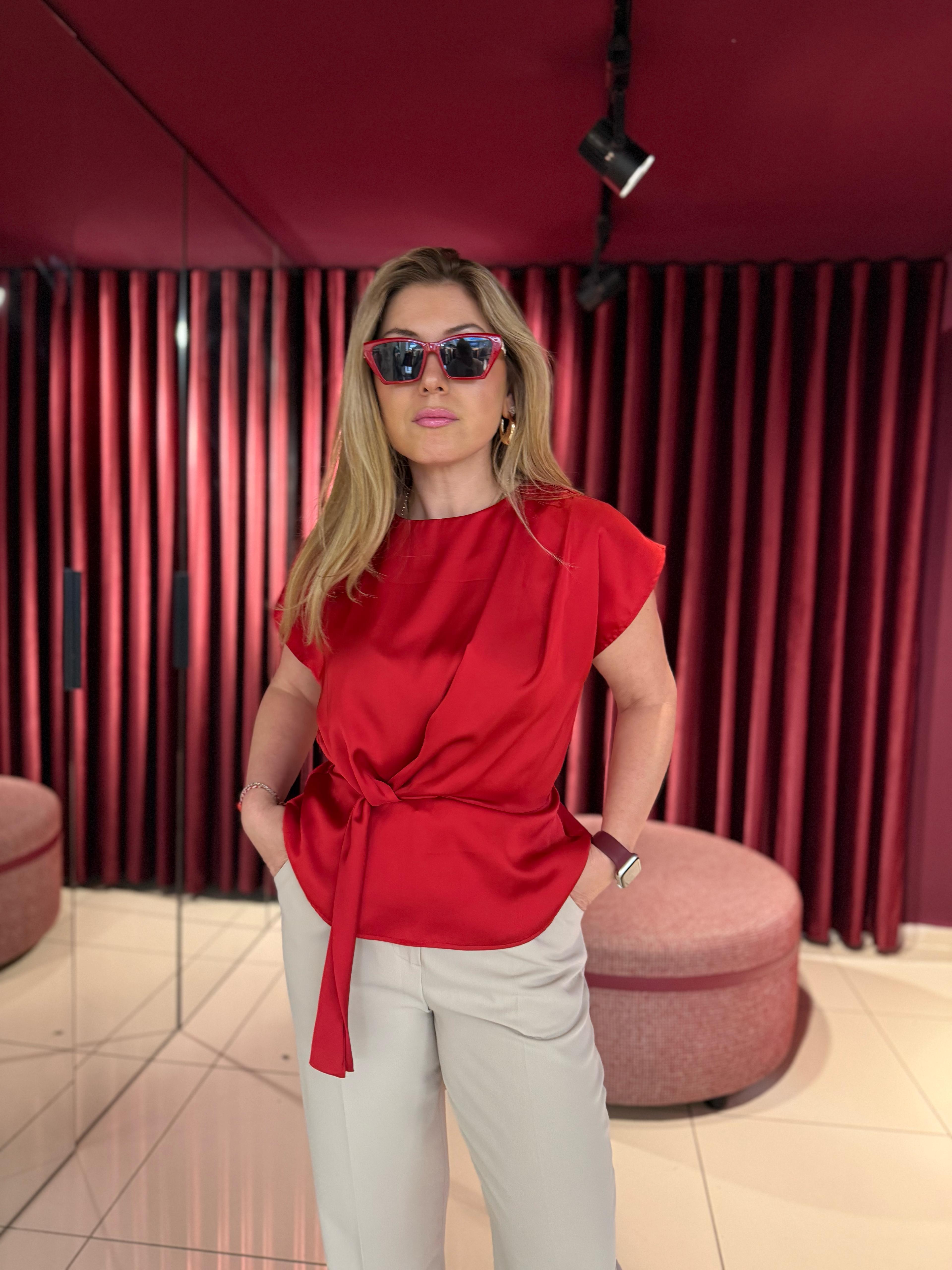 Bluz242201 Ön Bağcıklı Düşük Omuz Detaylı Bluz Kırmızı 
