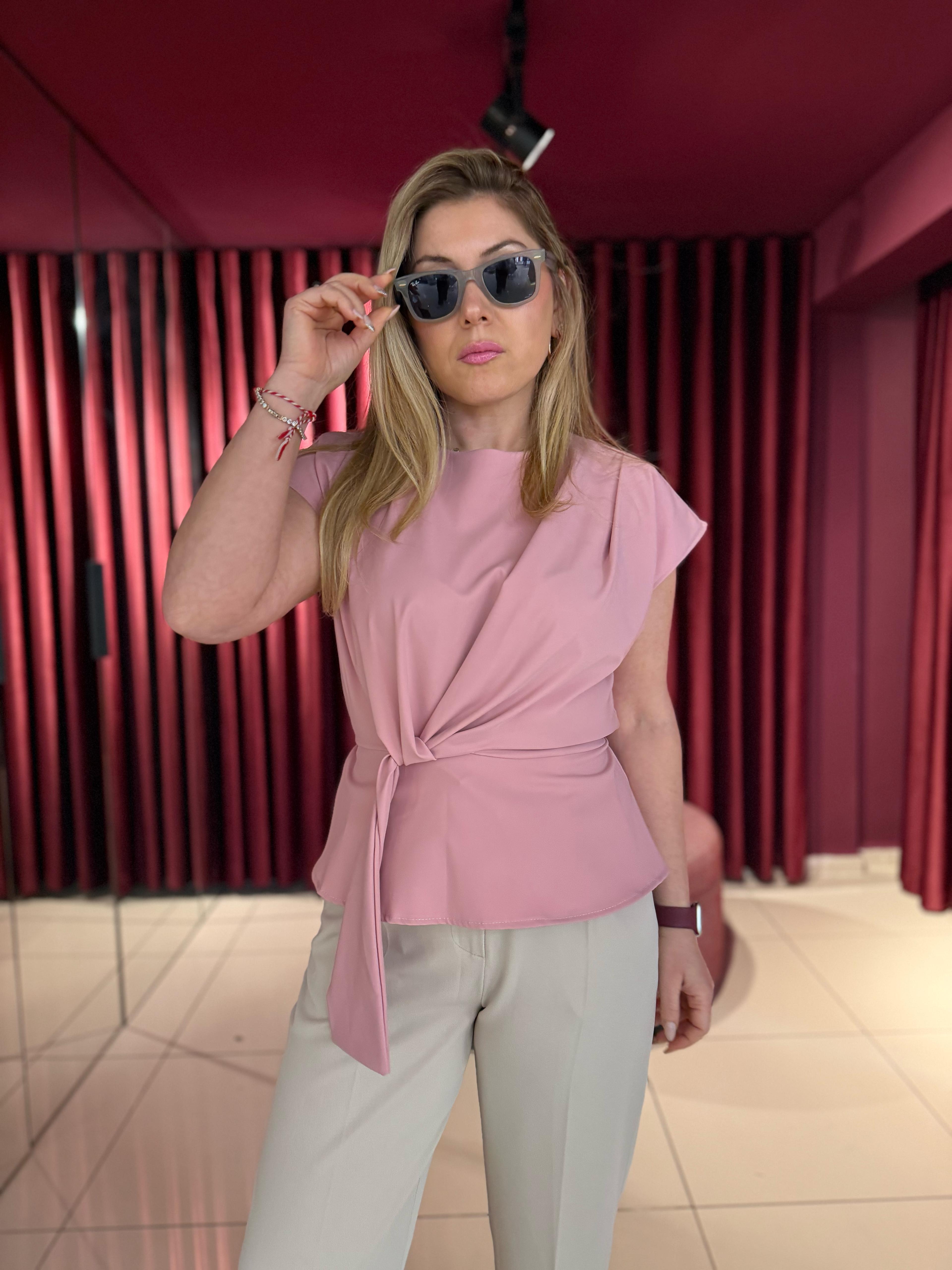 Bluz242201 Ön Bağcıklı Düşük Omuz Detaylı Bluz Pembe 