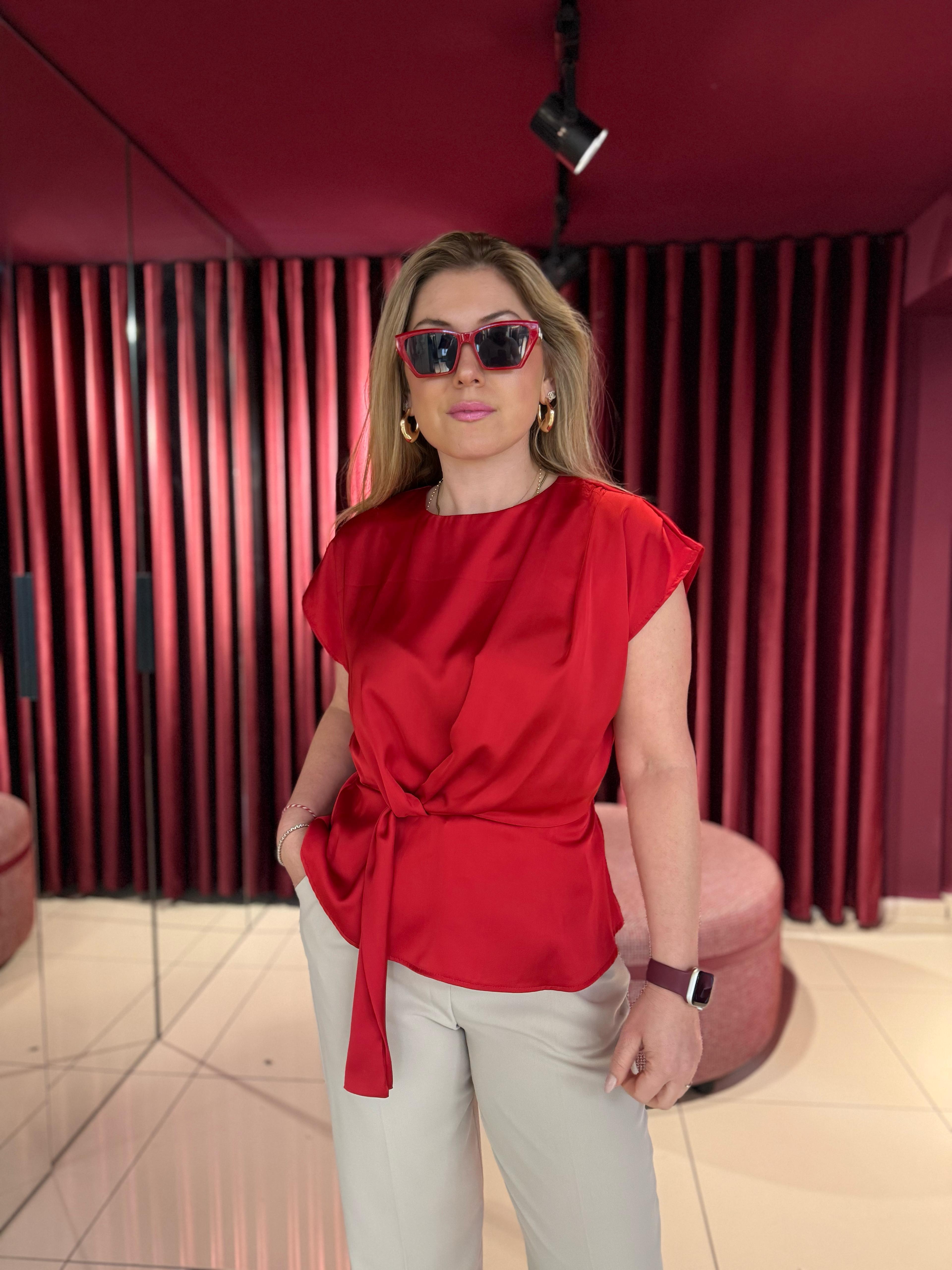 Bluz242201 Ön Bağcıklı Düşük Omuz Detaylı Bluz Kırmızı 
