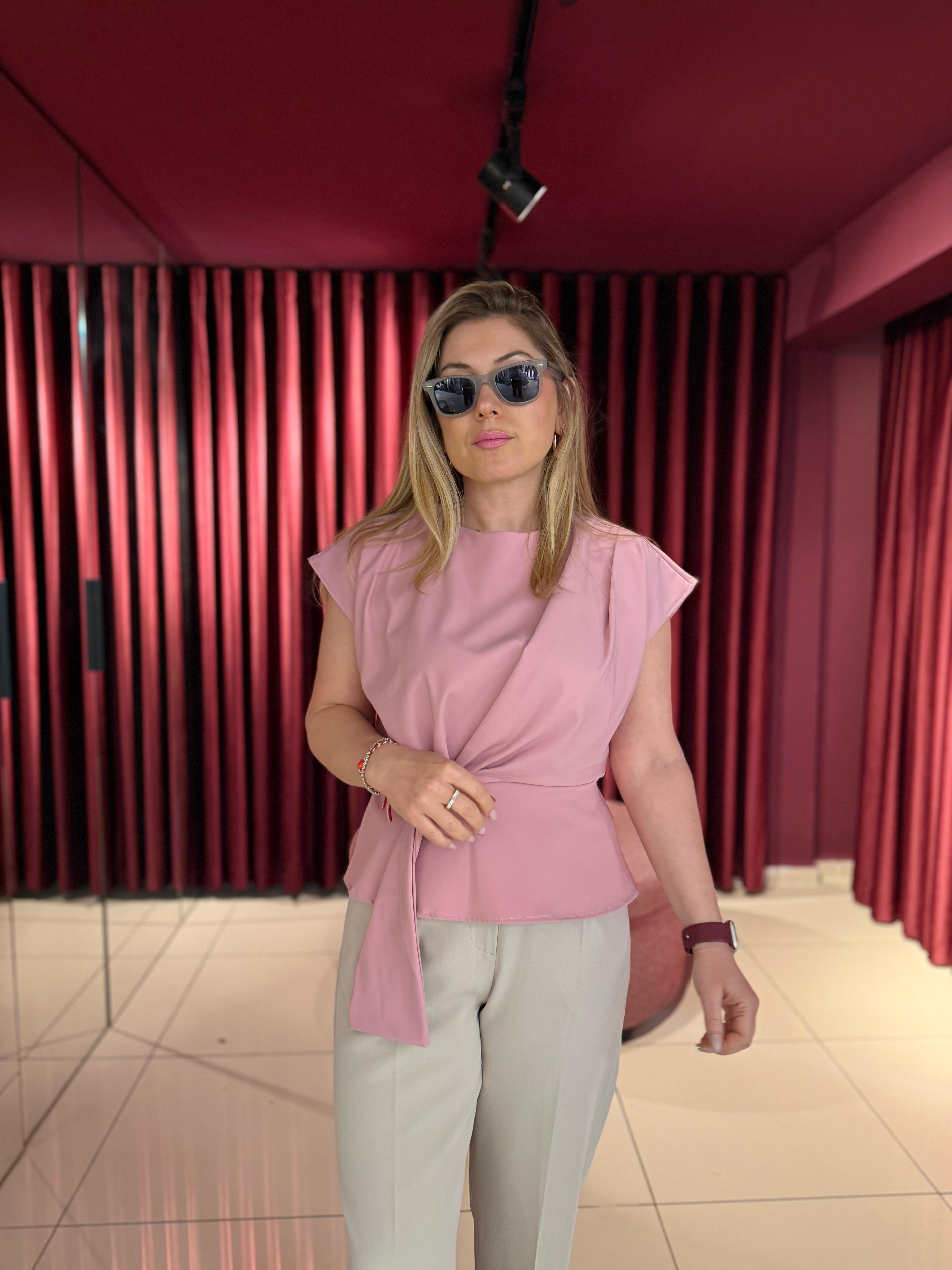 Bluz242201 Ön Bağcıklı Düşük Omuz Detaylı Bluz Pembe 
