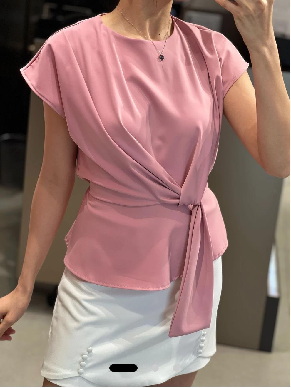 Bluz242201 Ön Bağcıklı Düşük Omuz Detaylı Bluz Pembe 