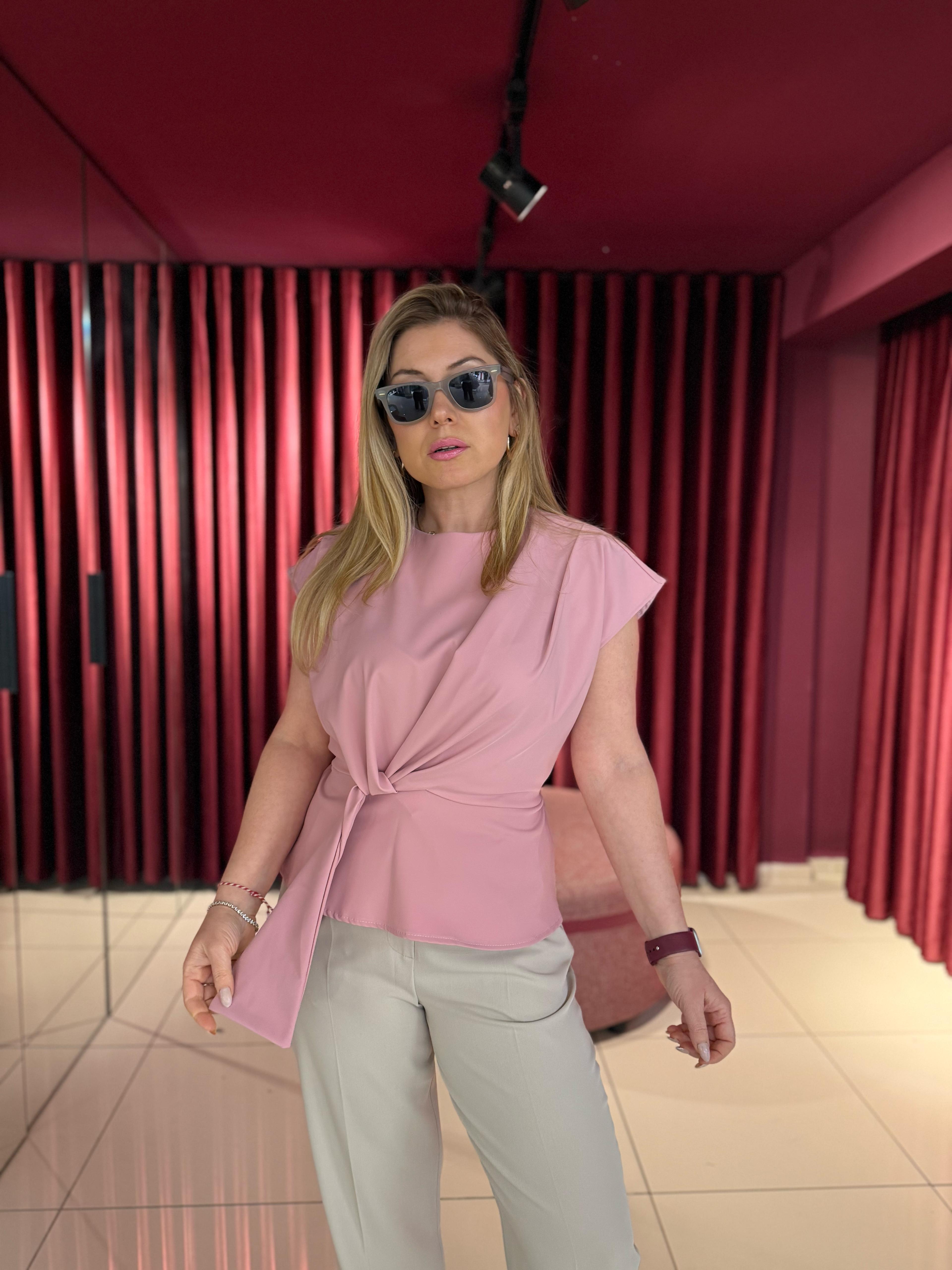 Bluz242201 Ön Bağcıklı Düşük Omuz Detaylı Bluz Pembe 