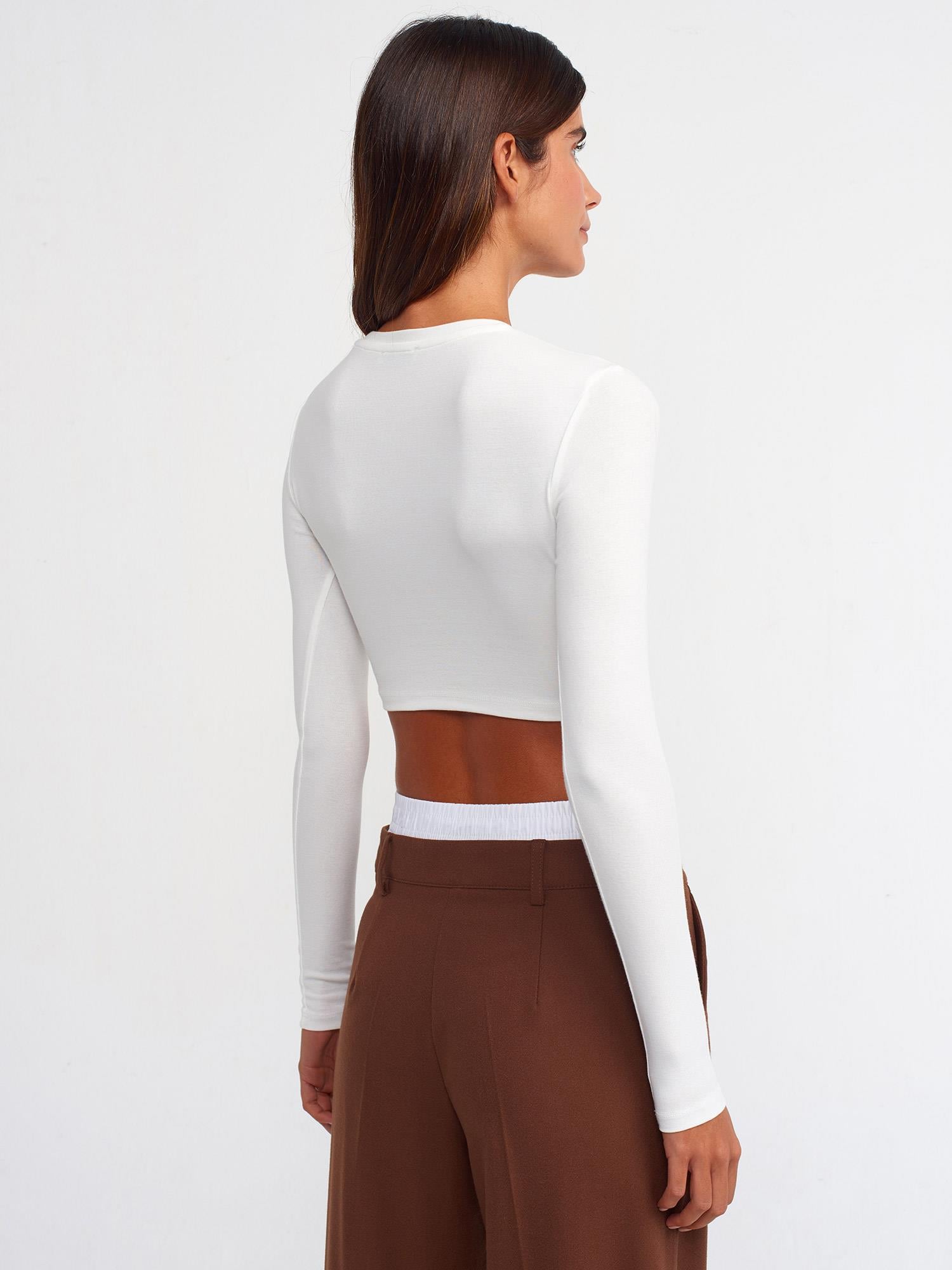 T-Shirt30349 Bisiklet Yaka Uzun Top Ekru