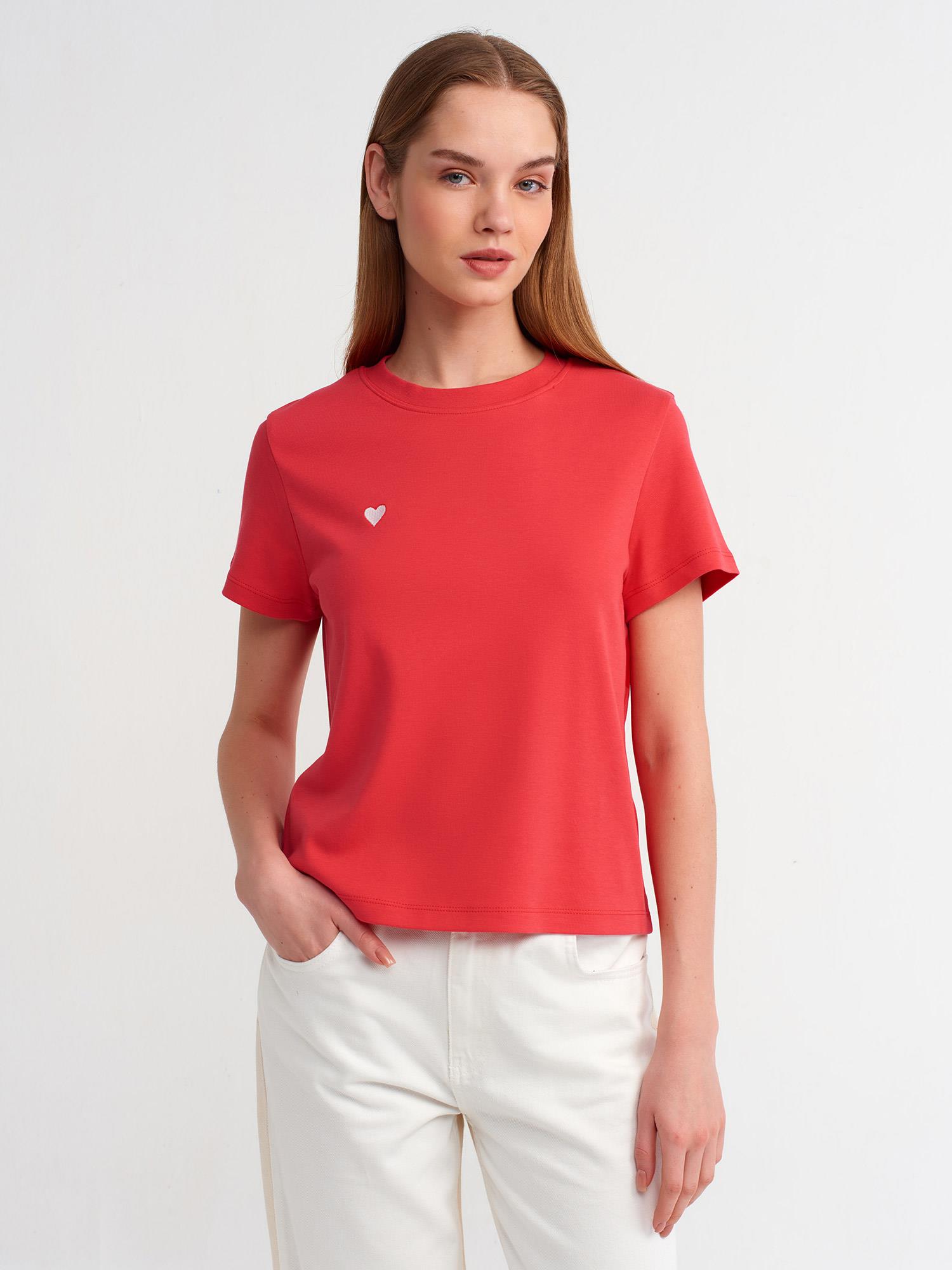 T-Shirt30584 Bisiklet Yaka Pamuklu T-Shirt Açık Kırmızı