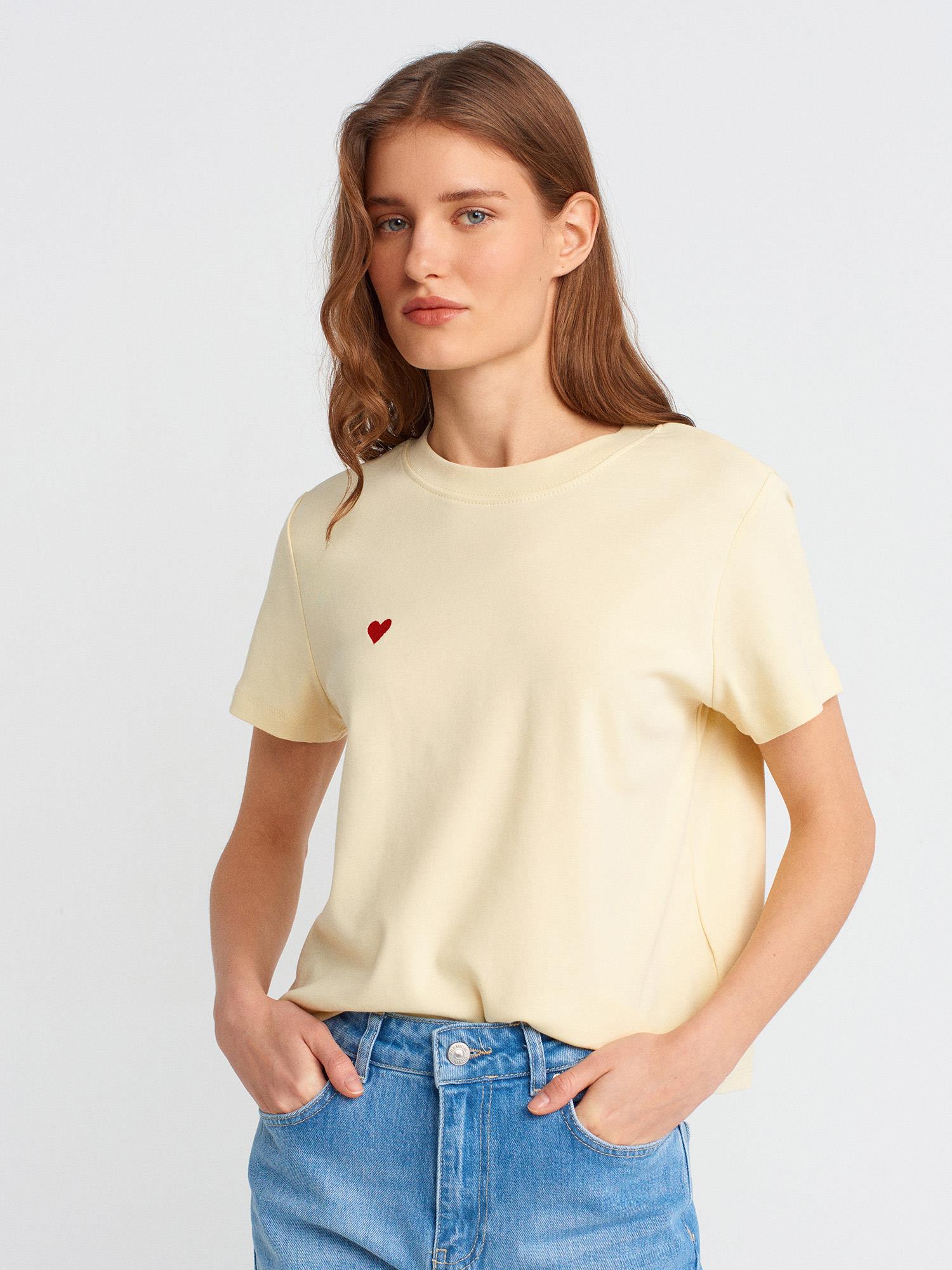 T-Shirt30584 Bisiklet Yaka Pamuklu T-Shirt Açık Sarı
