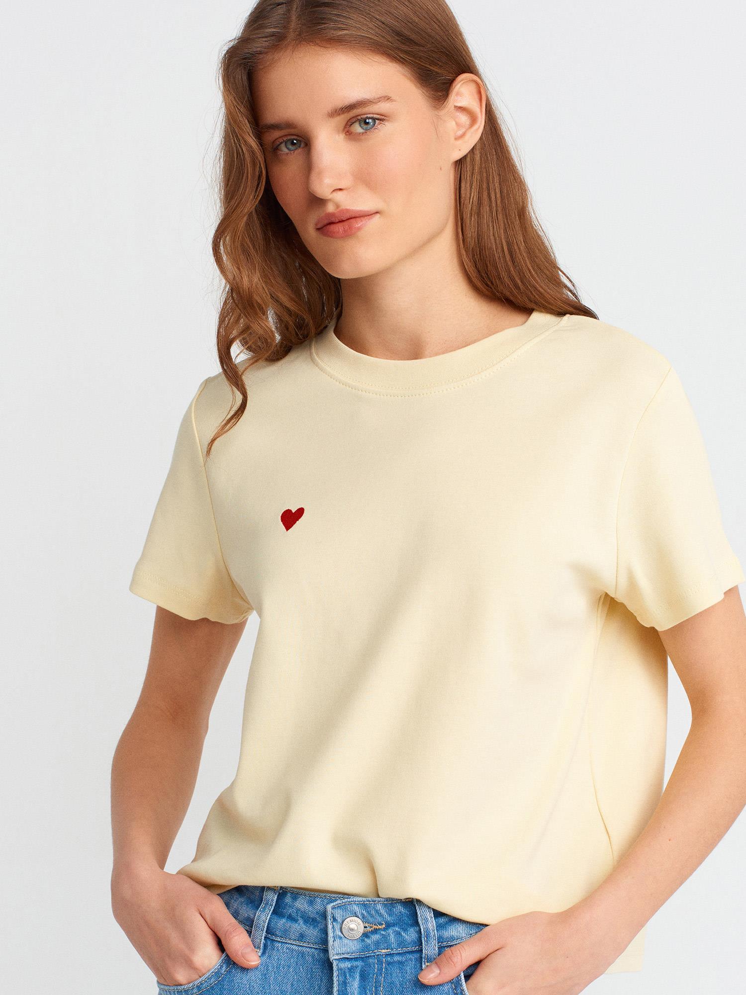 T-Shirt30584 Bisiklet Yaka Pamuklu T-Shirt Açık Sarı
