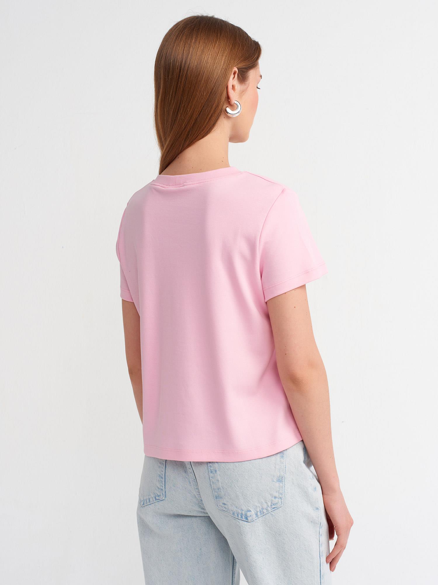 T-Shirt30584 Bisiklet Yaka Pamuklu T-Shirt Toz Pembe