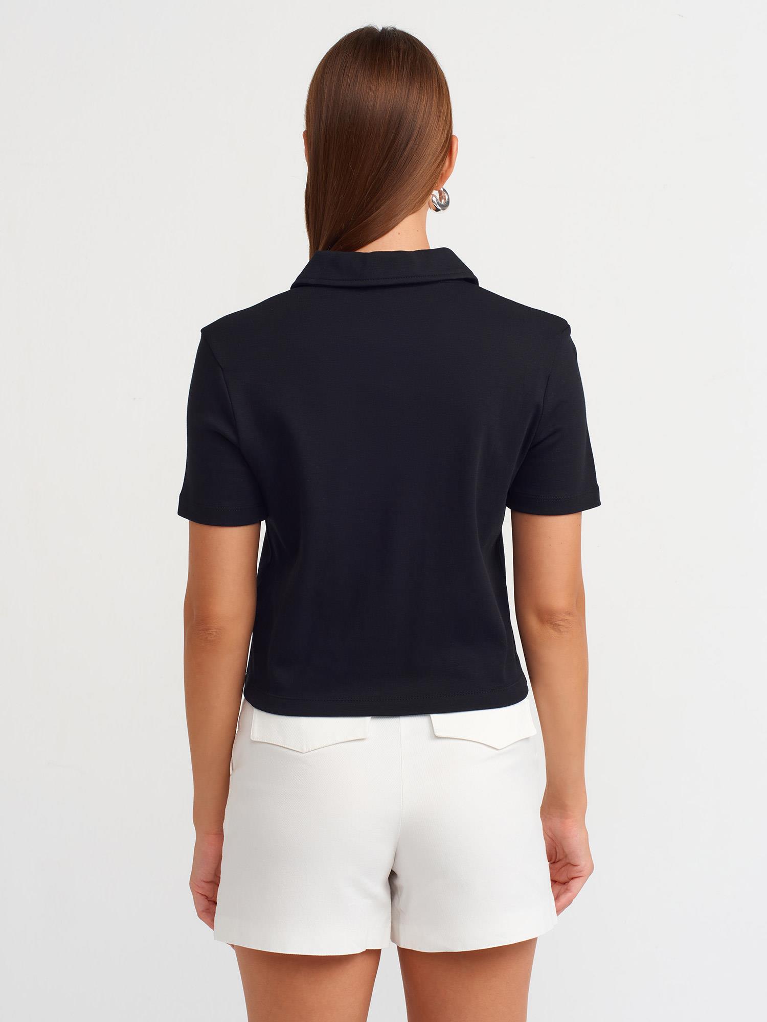 T-Shirt31006 Polo Yaka Nakışlı T-Shirt Siyah