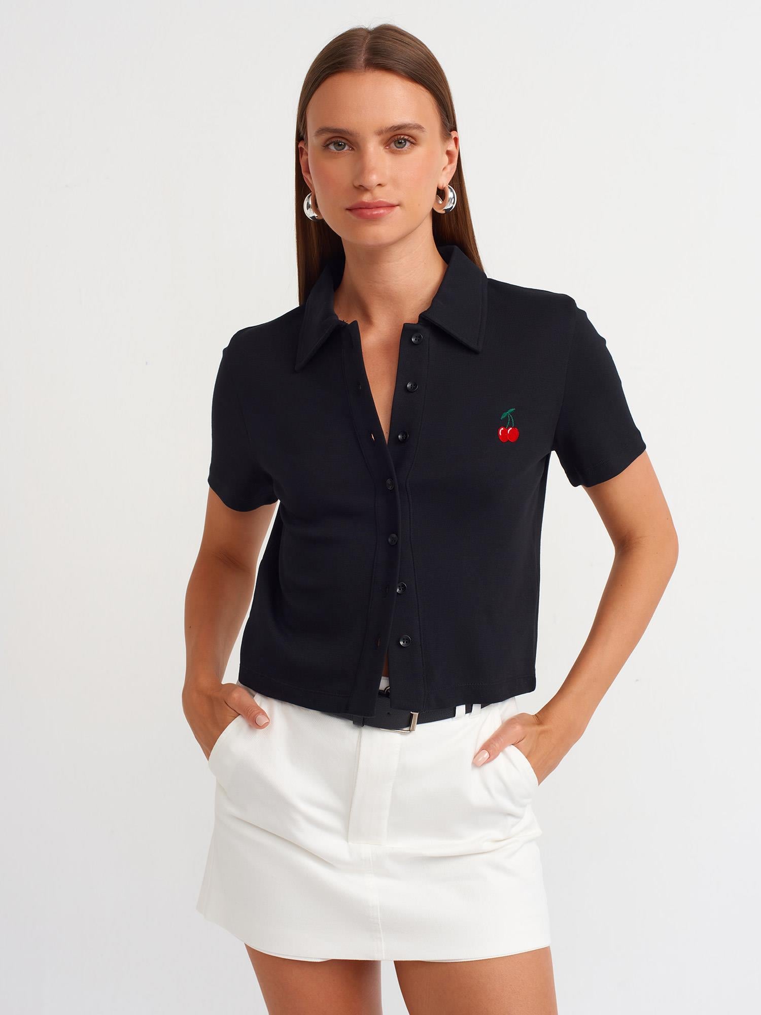 T-Shirt31006 Polo Yaka Nakışlı T-Shirt Siyah