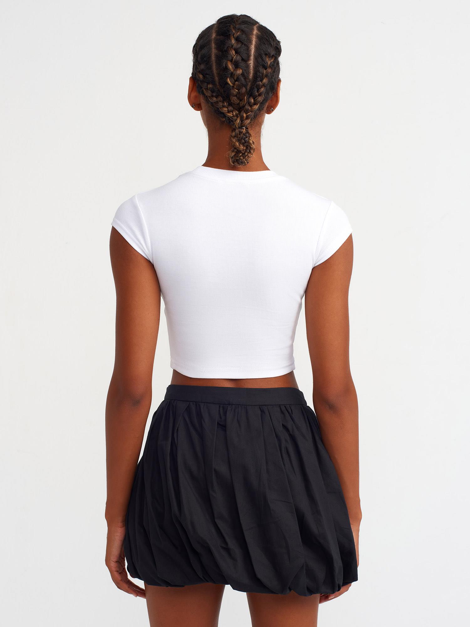 T-Shirt31129 Parlak Taşlı Fitilli Crop Top Beyaz