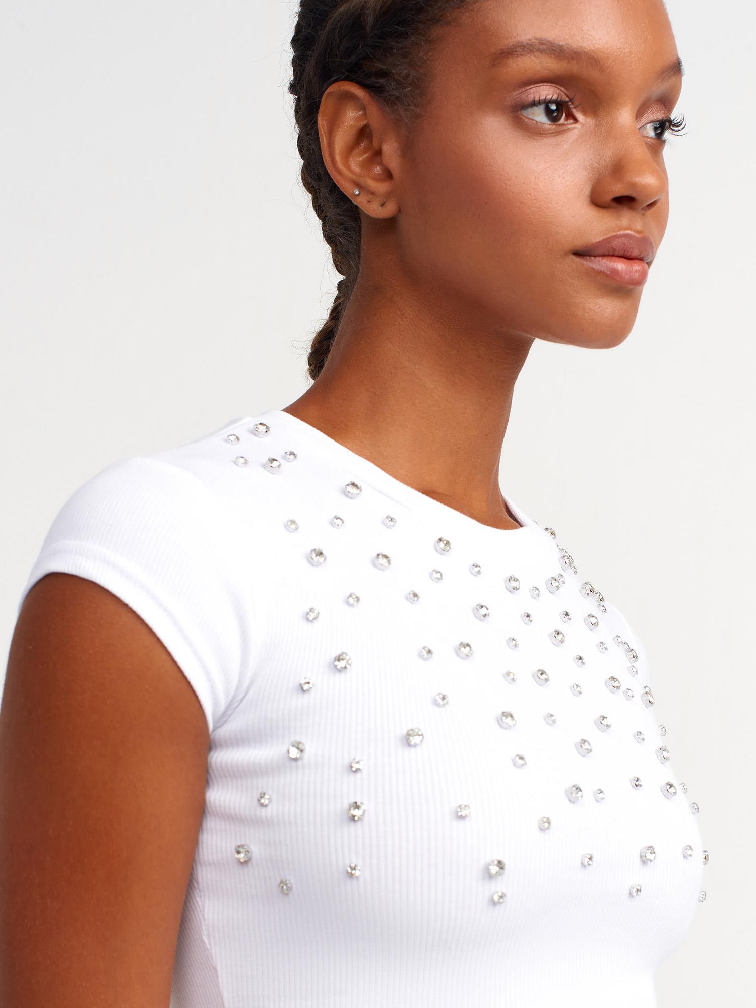 T-Shirt31129 Parlak Taşlı Fitilli Crop Top Beyaz