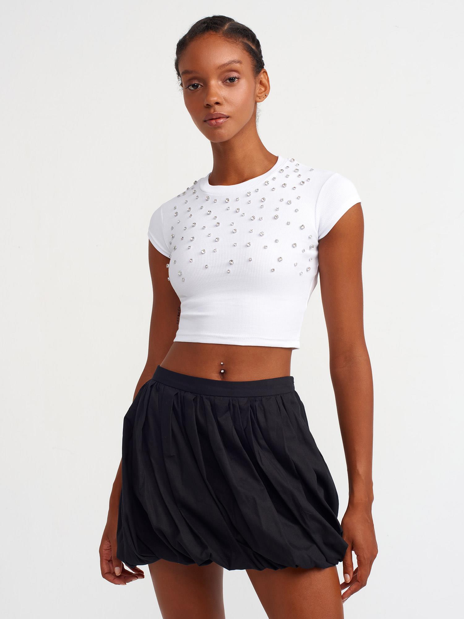 T-Shirt31129 Parlak Taşlı Fitilli Crop Top Beyaz