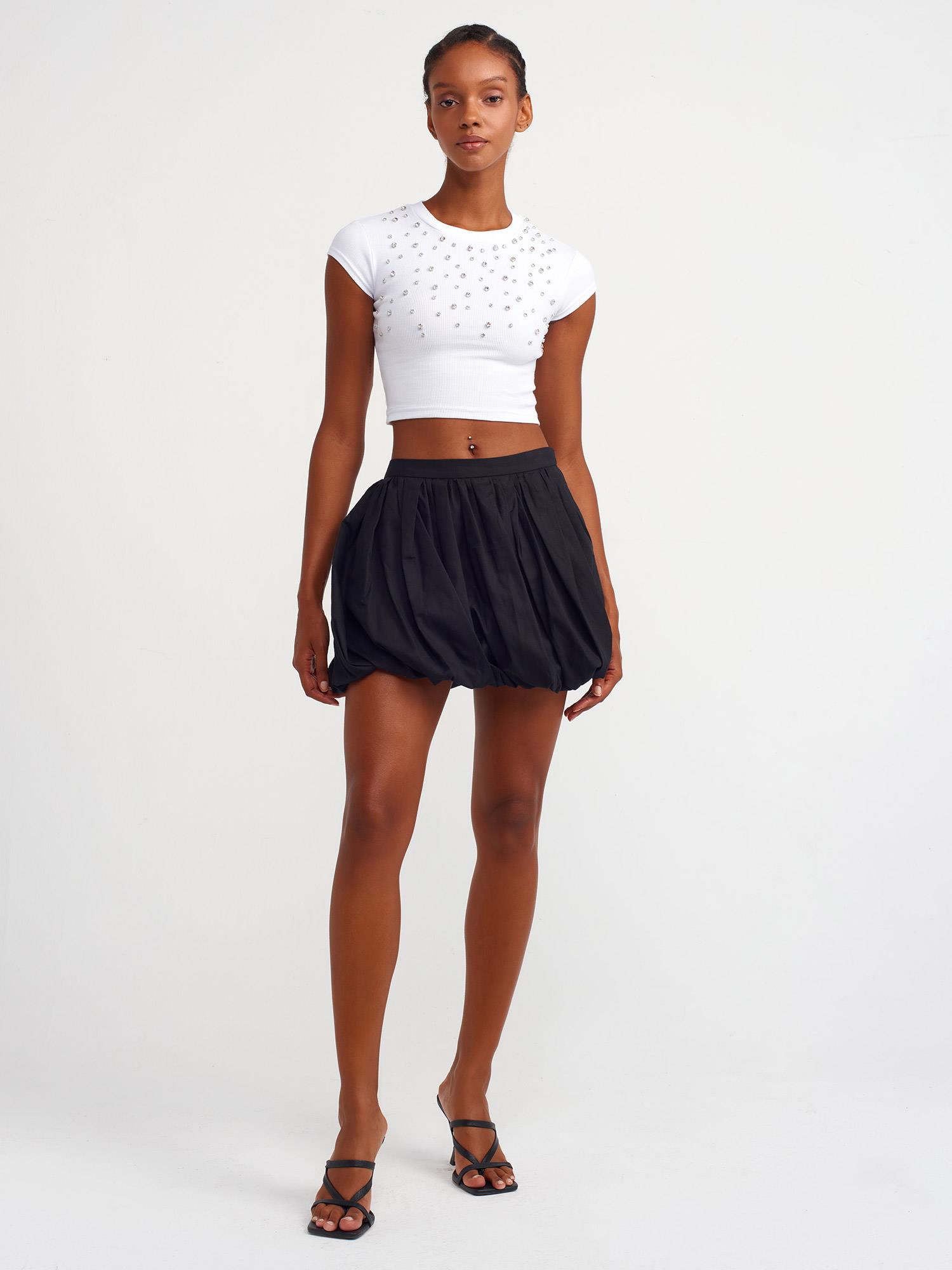 T-Shirt31129 Parlak Taşlı Fitilli Crop Top Beyaz