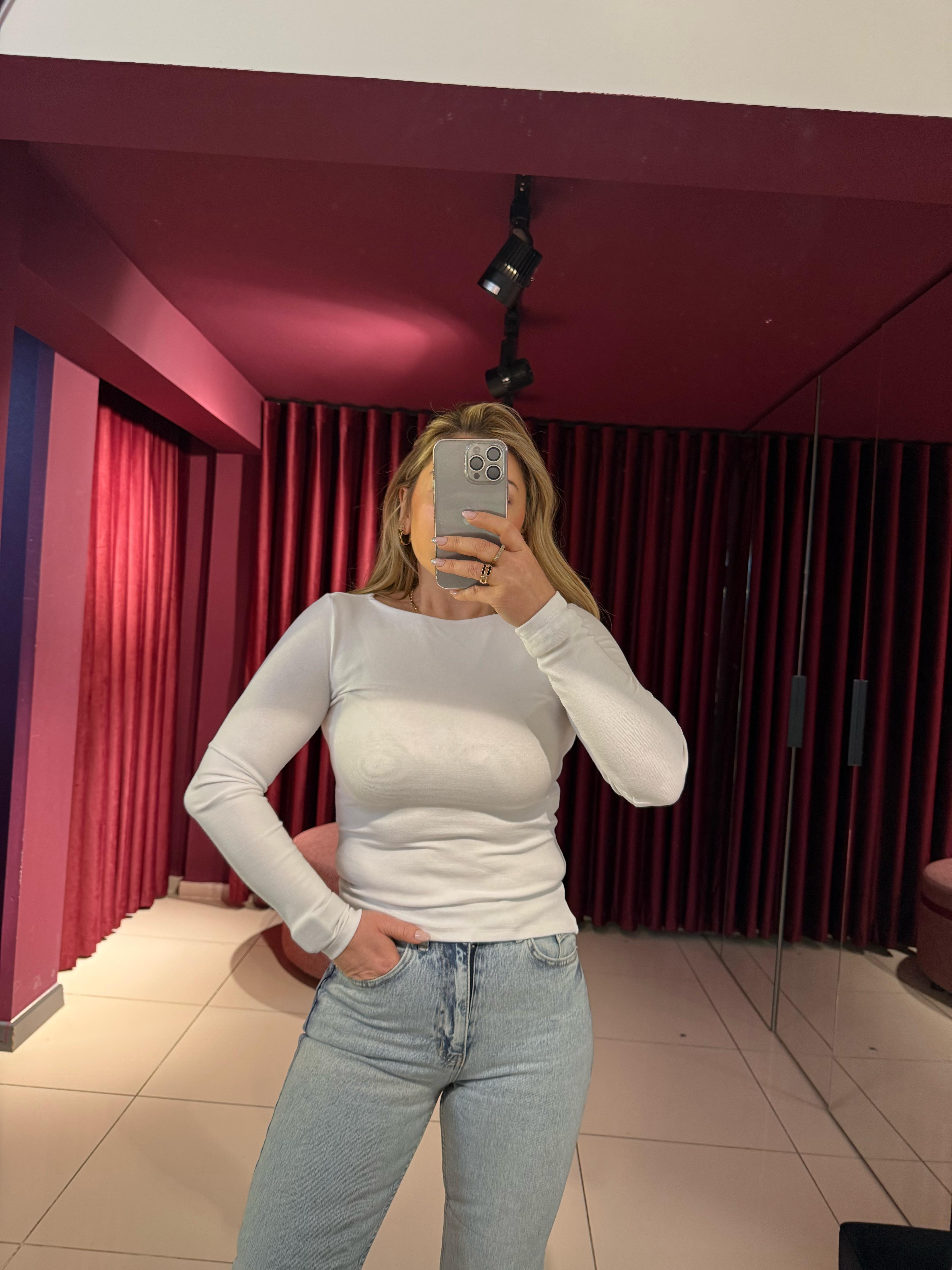 Bluz31332 Kayık Yaka Uzun Kollu Top Beyaz