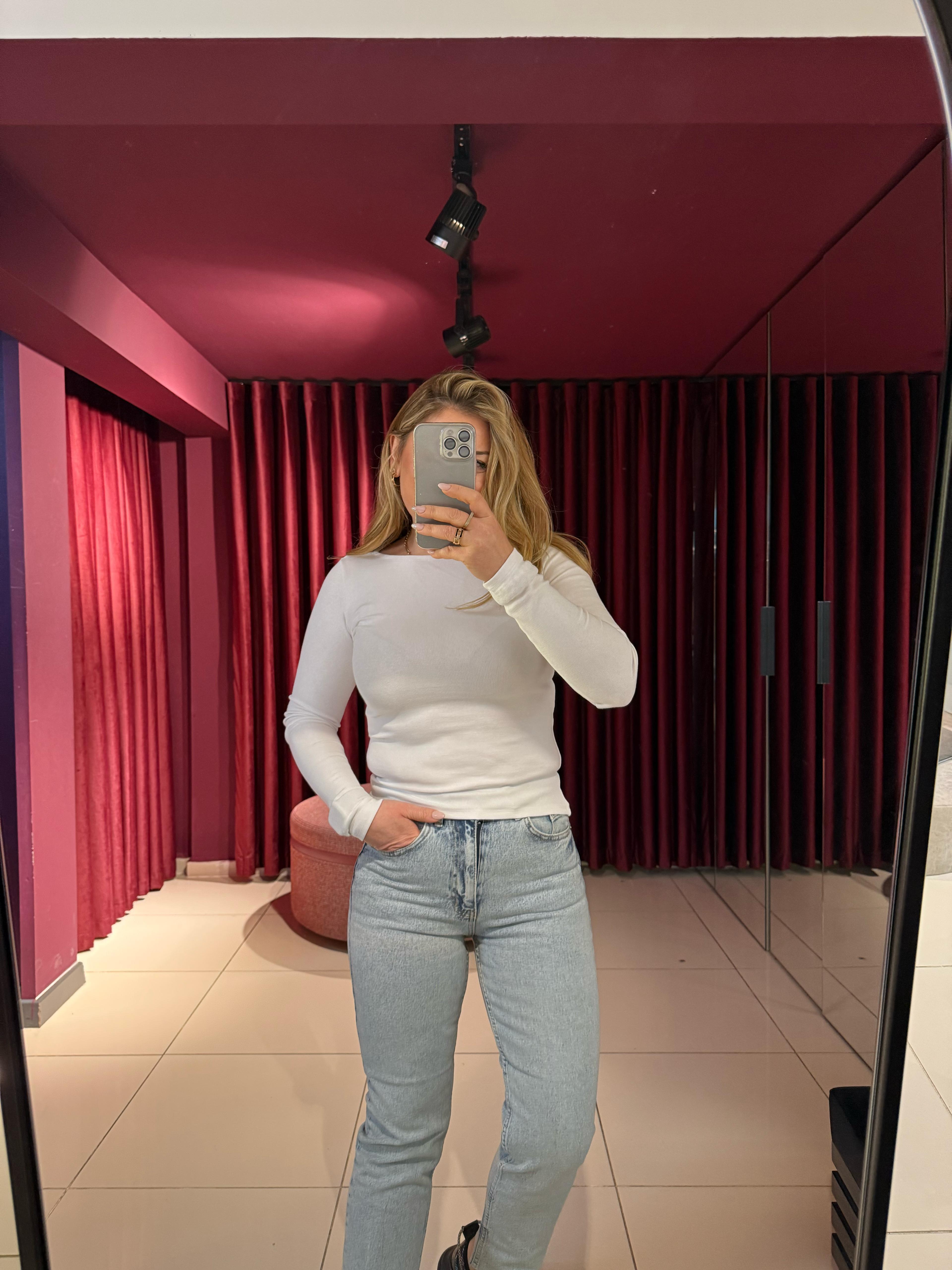 Bluz31332 Kayık Yaka Uzun Kollu Top Beyaz