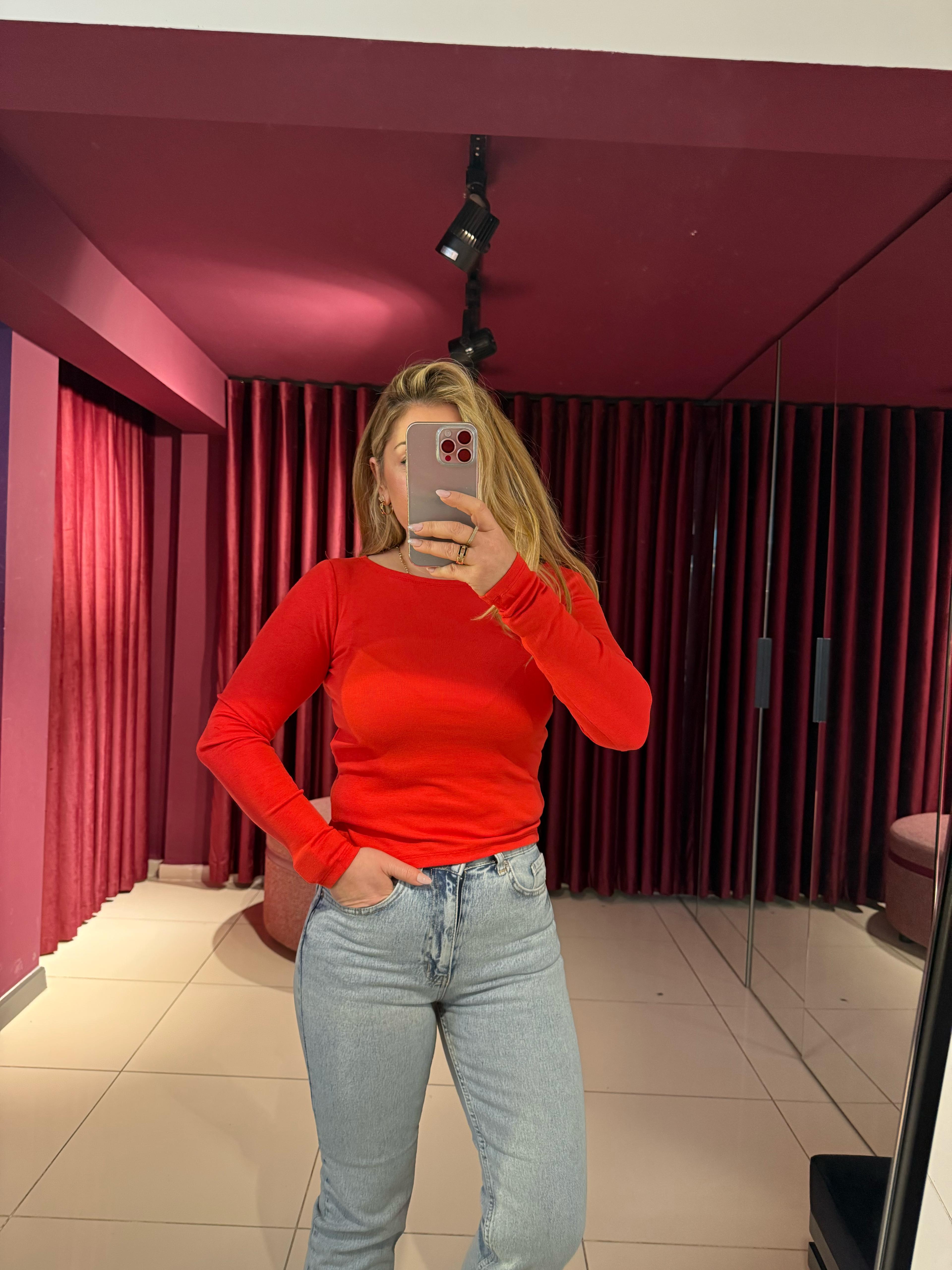 Bluz31332 Kayık Yaka Uzun Kollu Top Kırmızı