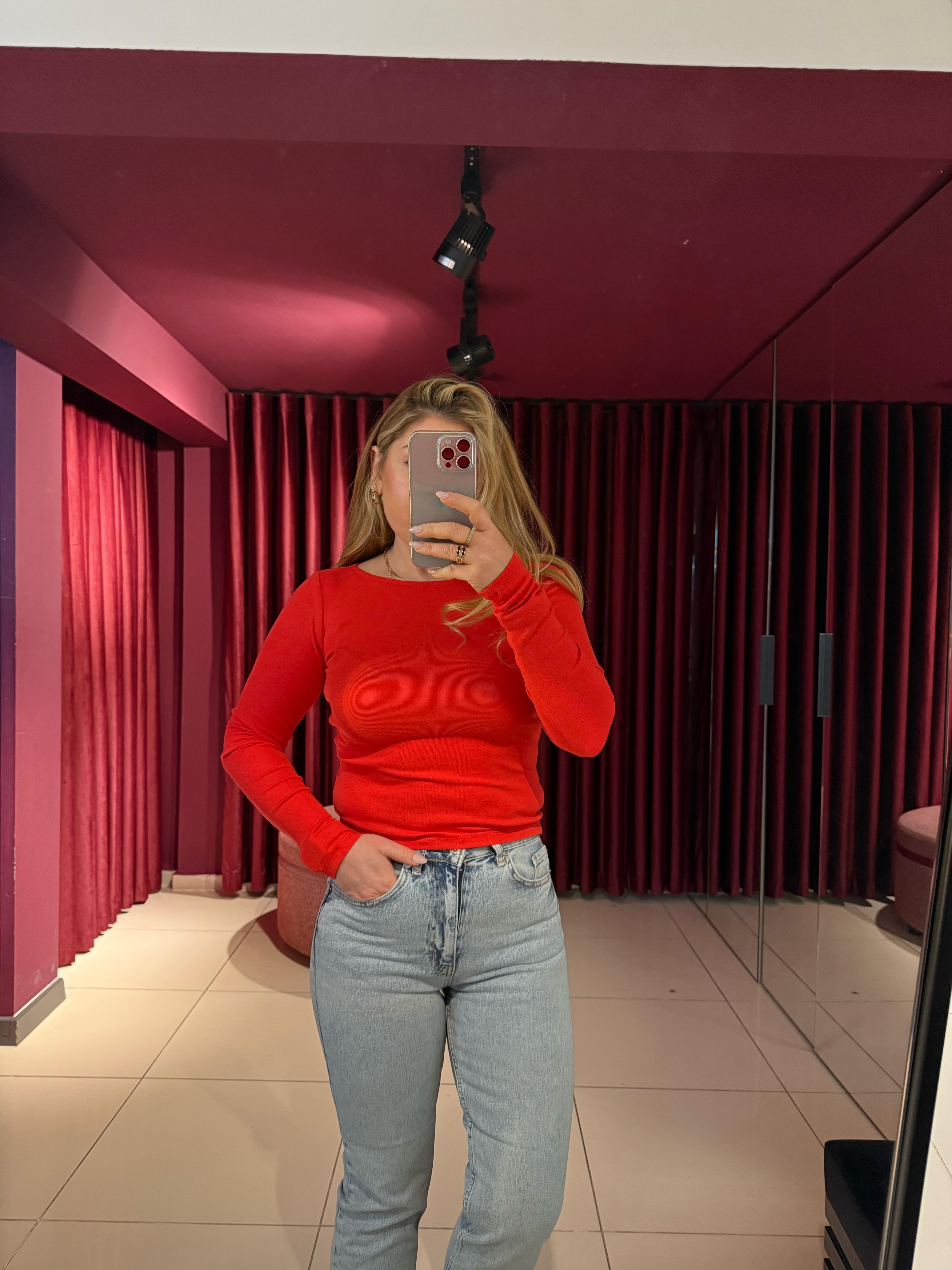 Bluz31332 Kayık Yaka Uzun Kollu Top Kırmızı
