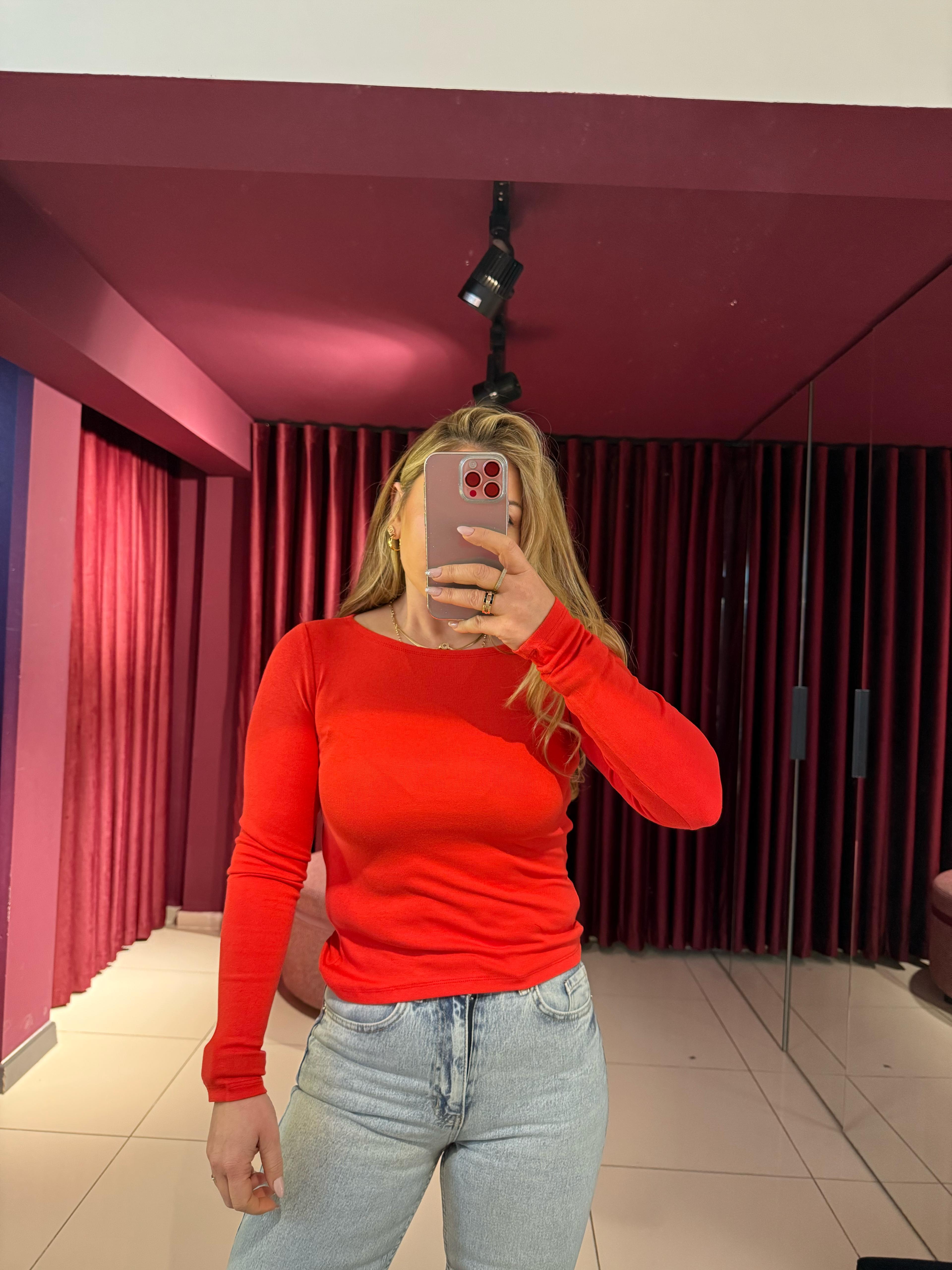 Bluz31332 Kayık Yaka Uzun Kollu Top Kırmızı