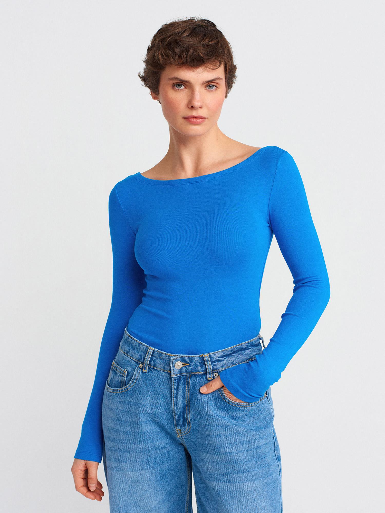 Bluz31332 Kayık Yaka Uzun Kollu Top Saks