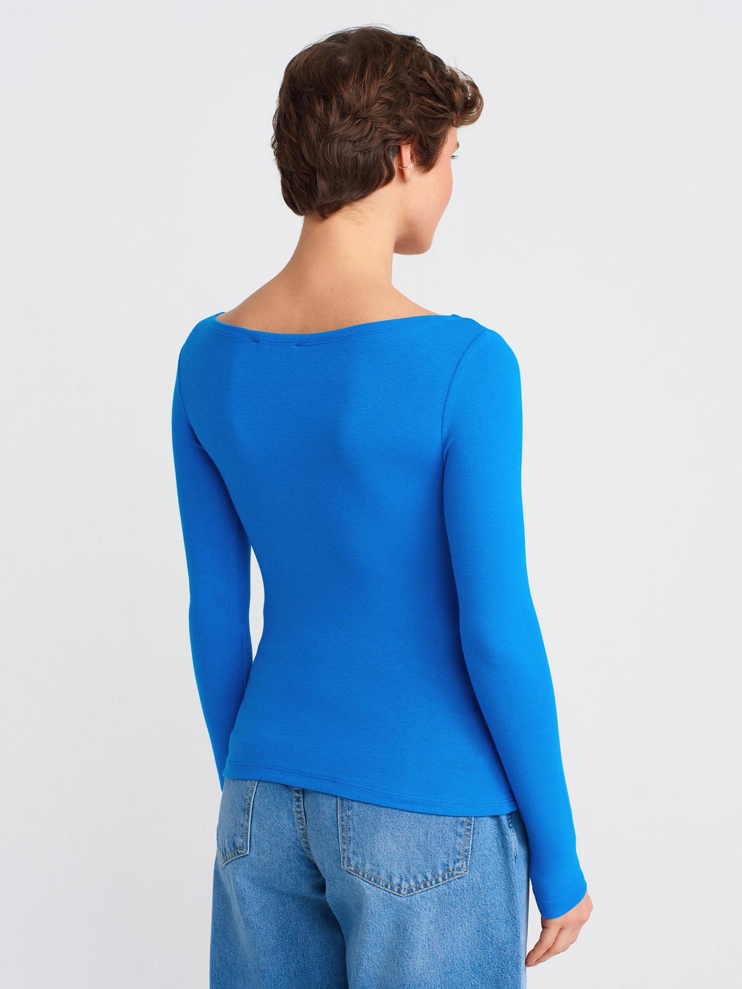 Bluz31332 Kayık Yaka Uzun Kollu Top Saks