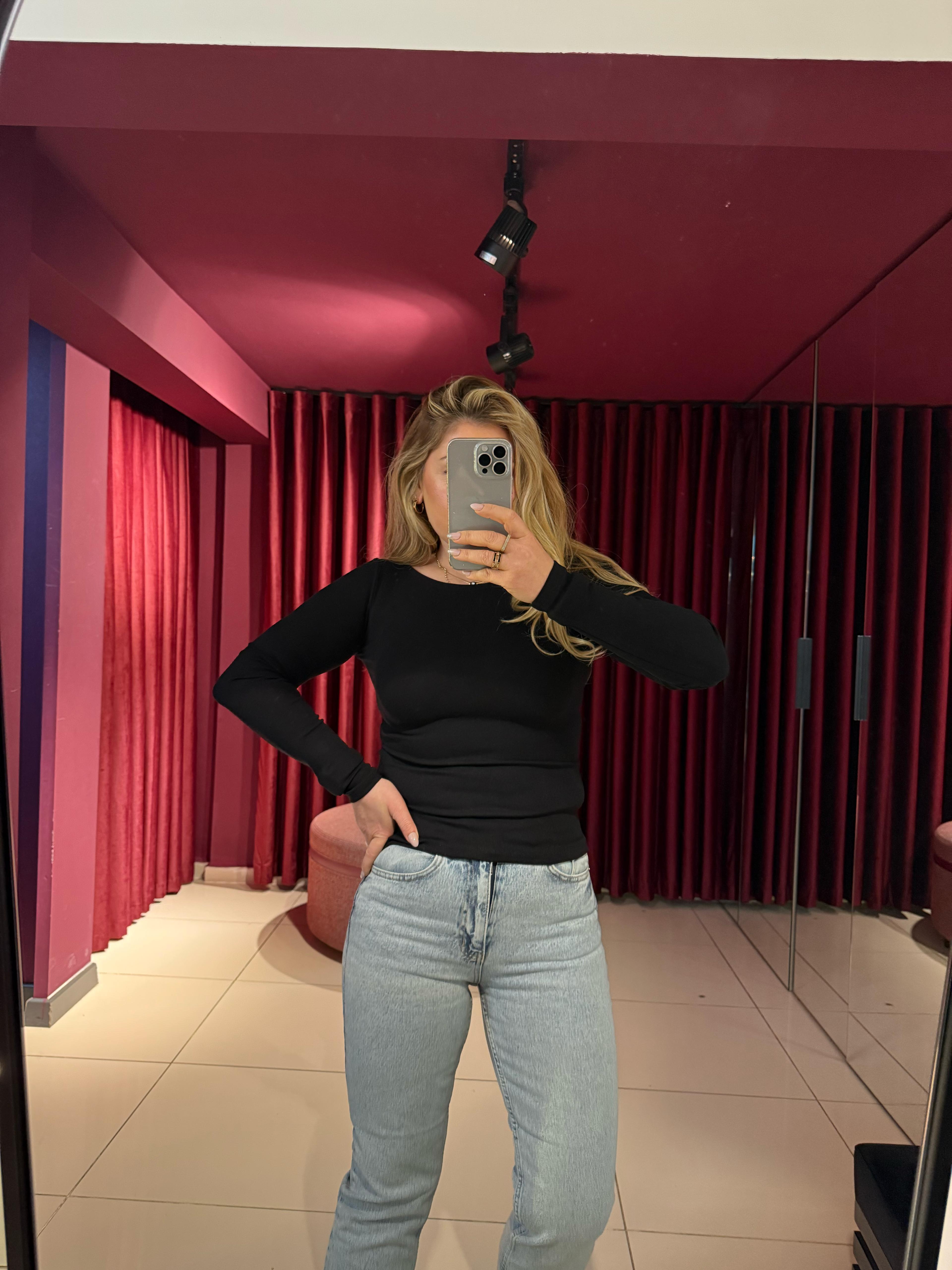 Bluz31332 Kayık Yaka Uzun Kollu Top Siyah