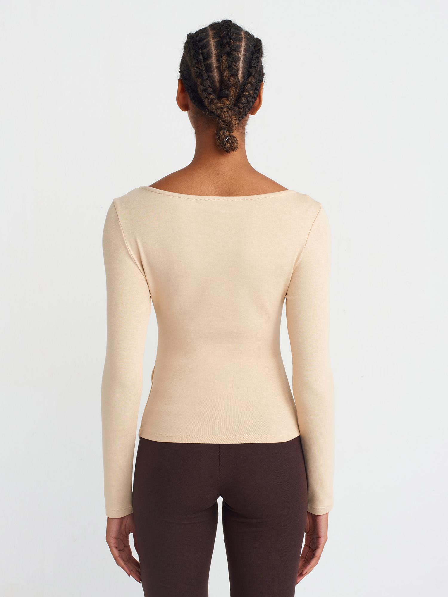 Bluz31401 Büzgülü Kayık Yaka Top Açık Bej