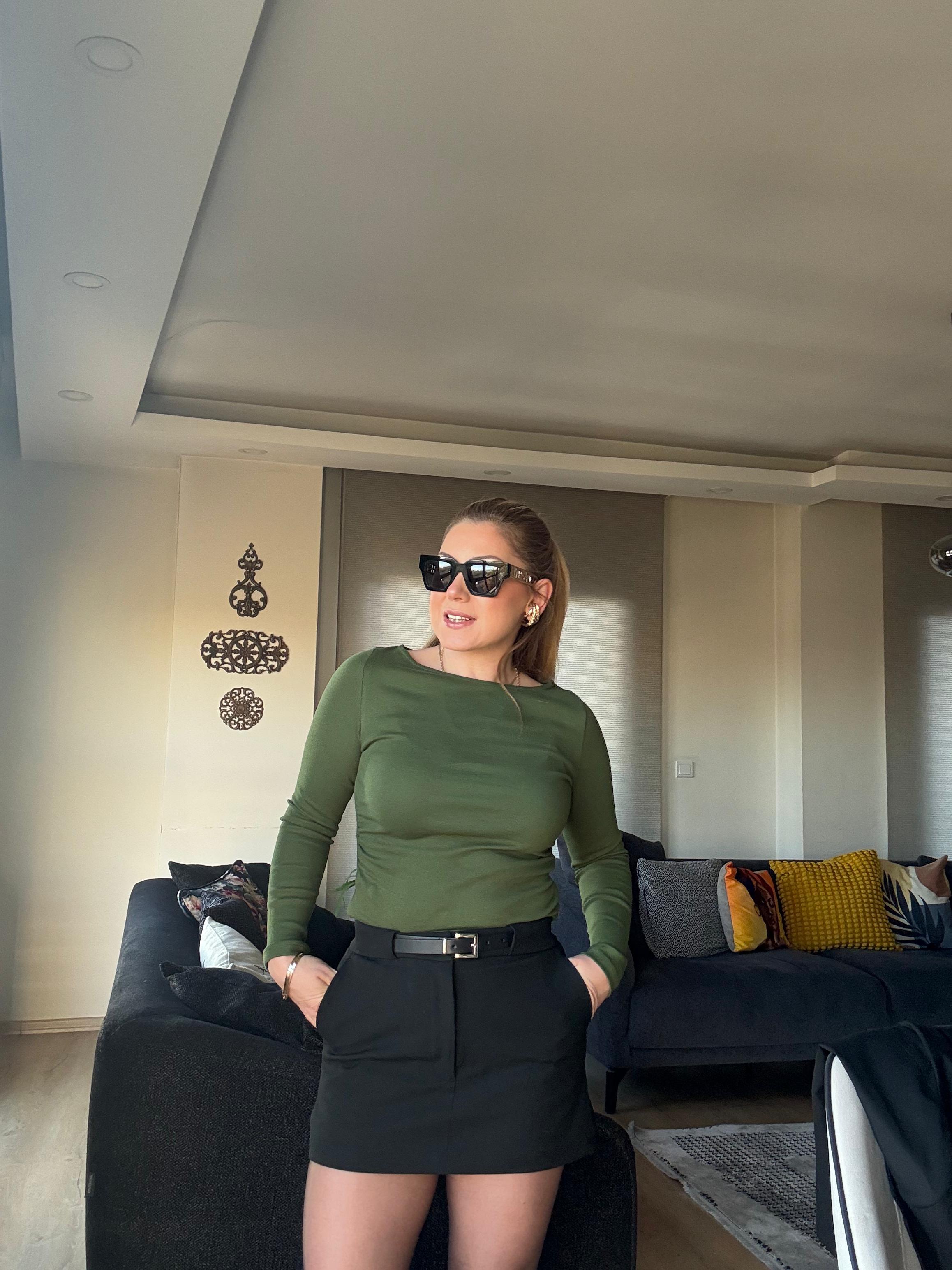 Bluz31401 Büzgülü Kayık Yaka Top Koyu Haki