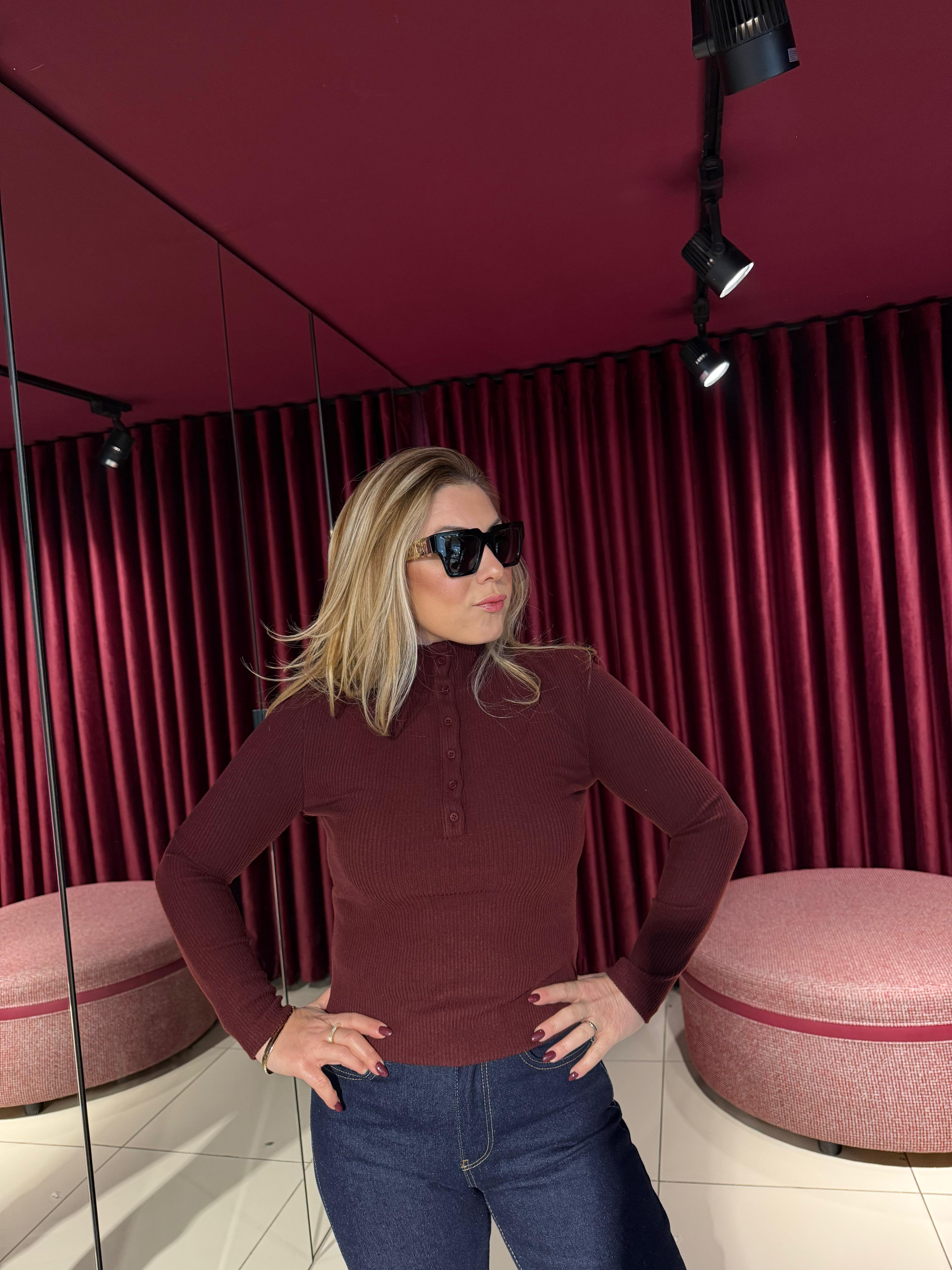 Bluz31435 Balıkçı Yaka Düğmeli Top Bordo