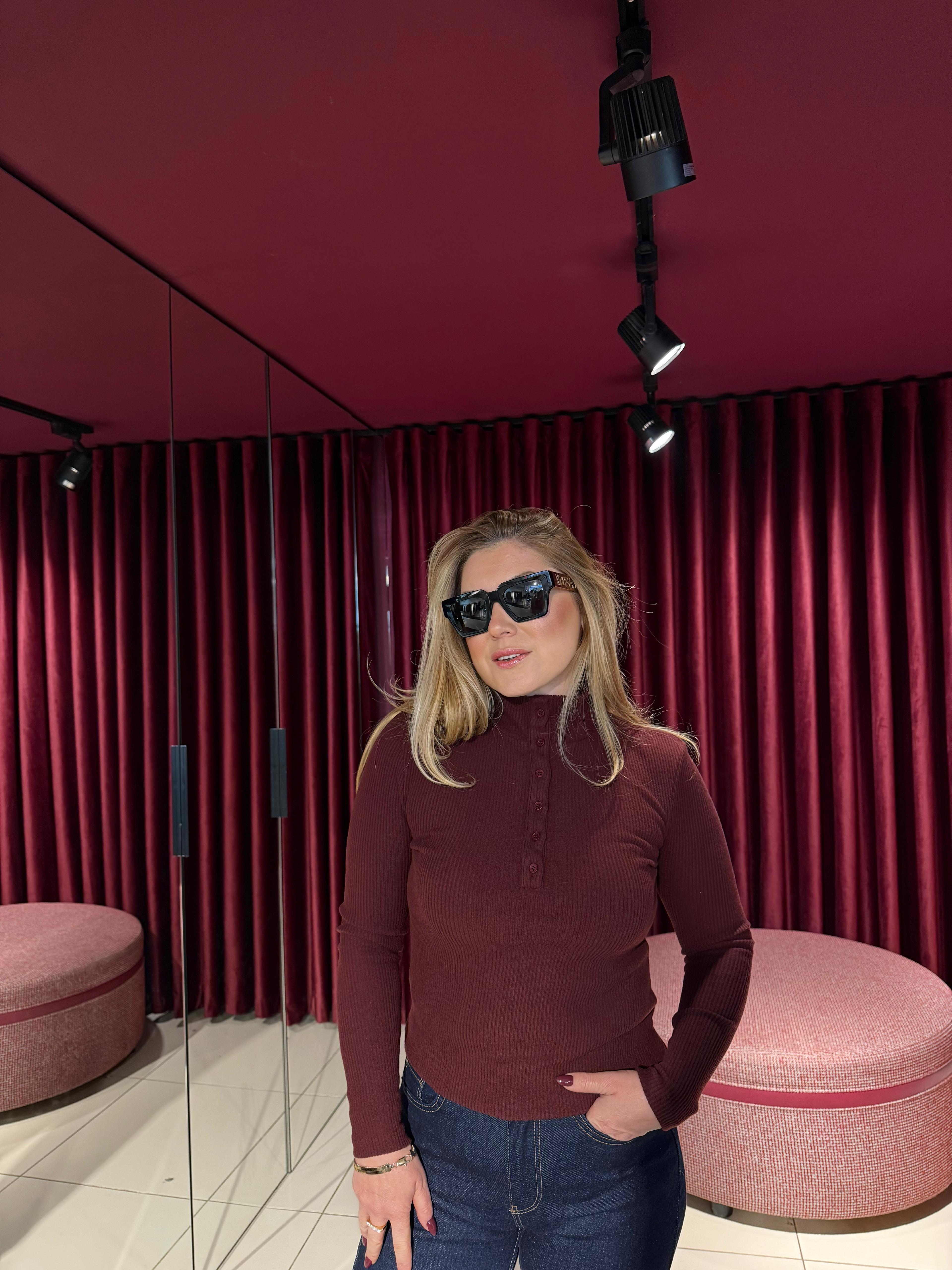 Bluz31435 Balıkçı Yaka Düğmeli Top Bordo
