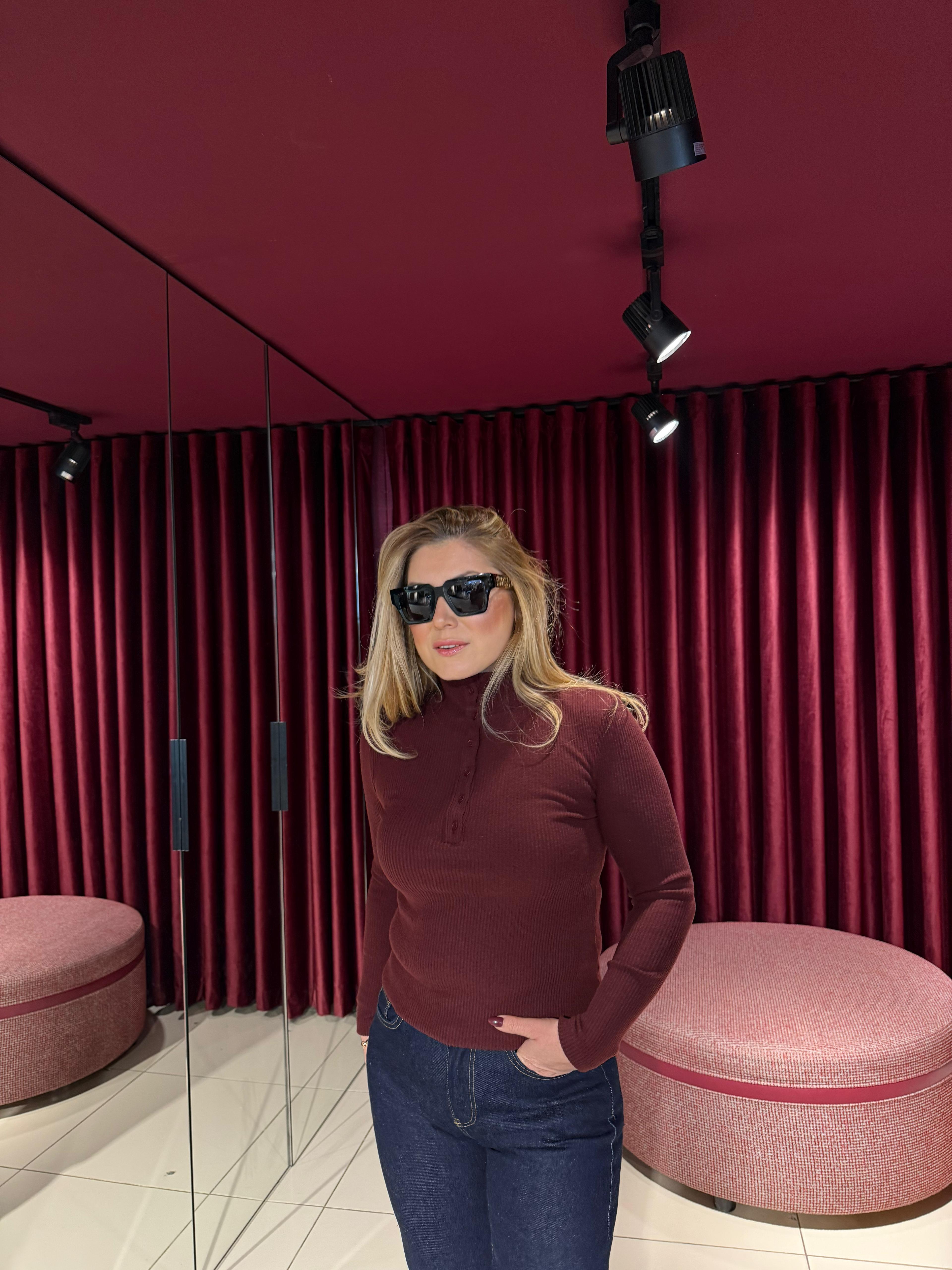 Bluz31435 Balıkçı Yaka Düğmeli Top Bordo