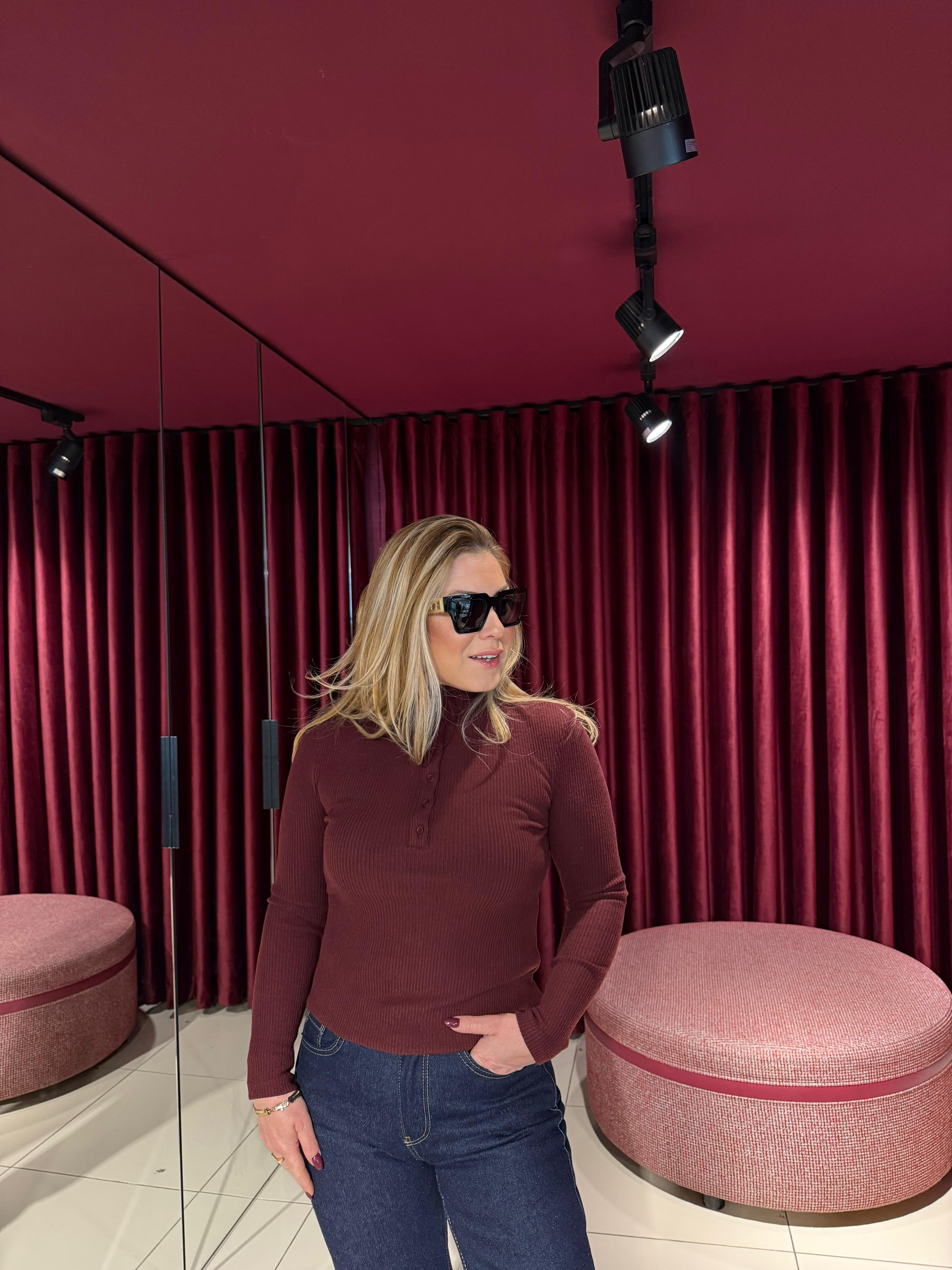 Bluz31435 Balıkçı Yaka Düğmeli Top Bordo