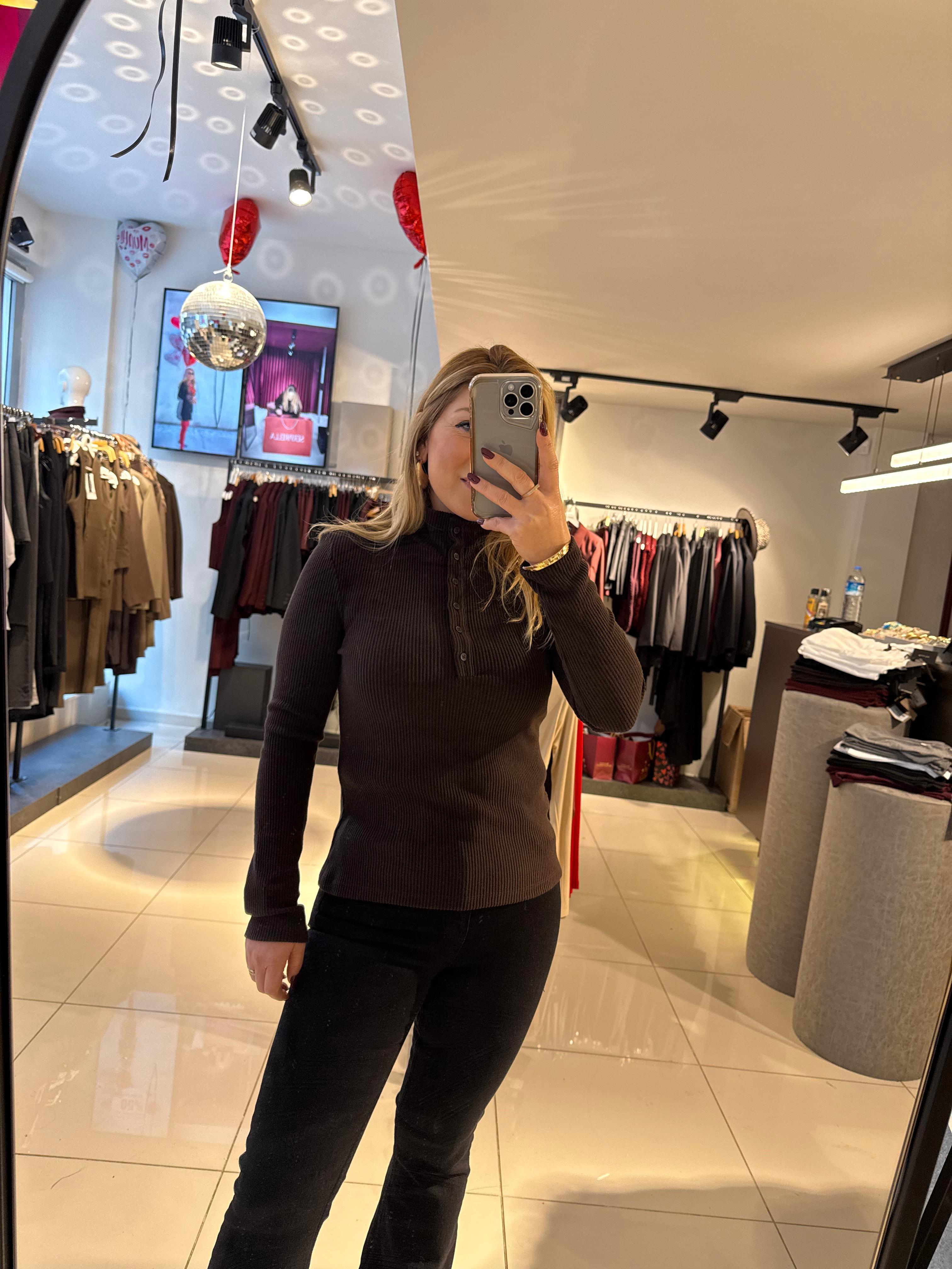 Bluz31435 Balıkçı Yaka Düğmeli Top Kahve