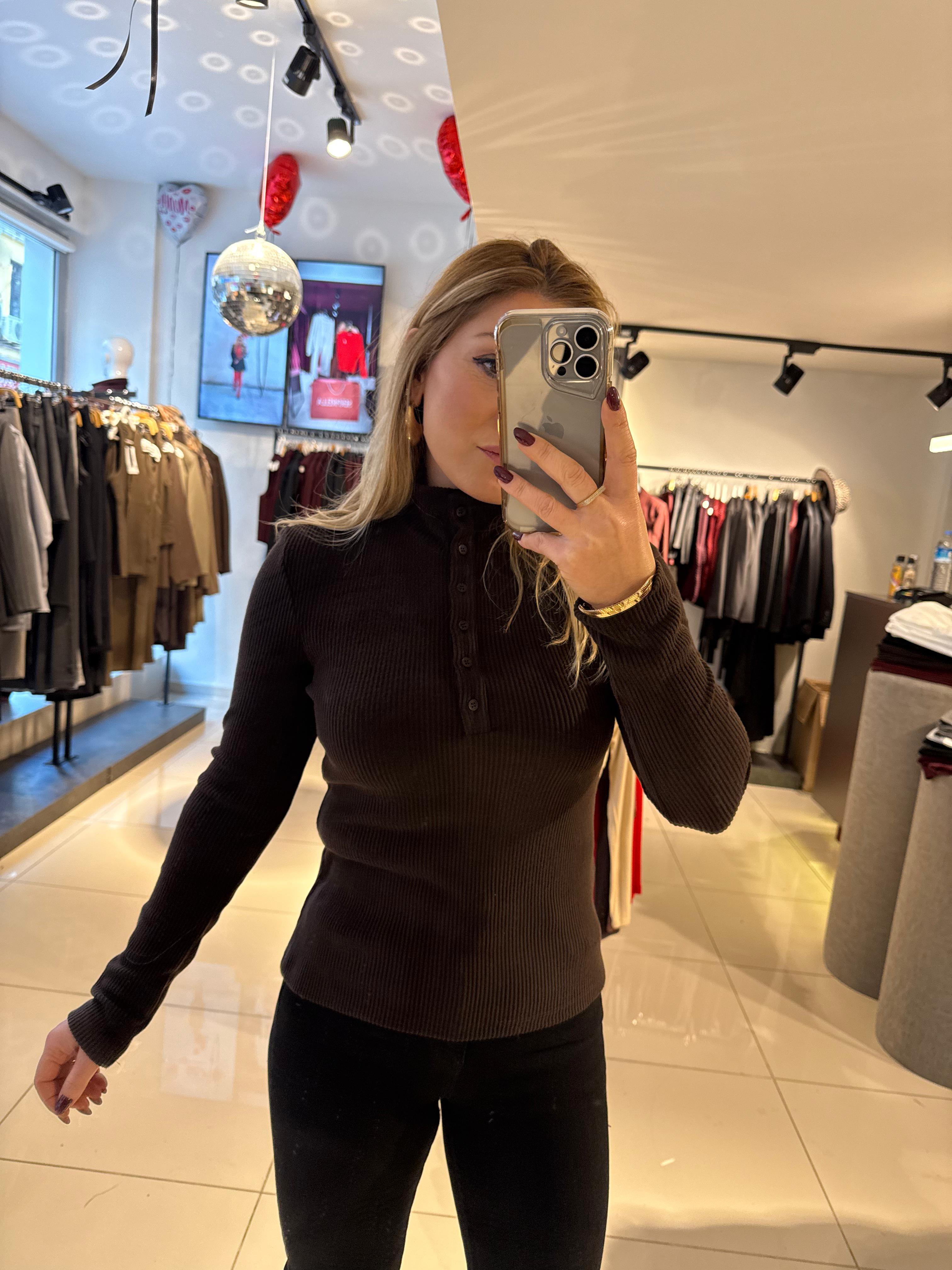 Bluz31435 Balıkçı Yaka Düğmeli Top Kahve