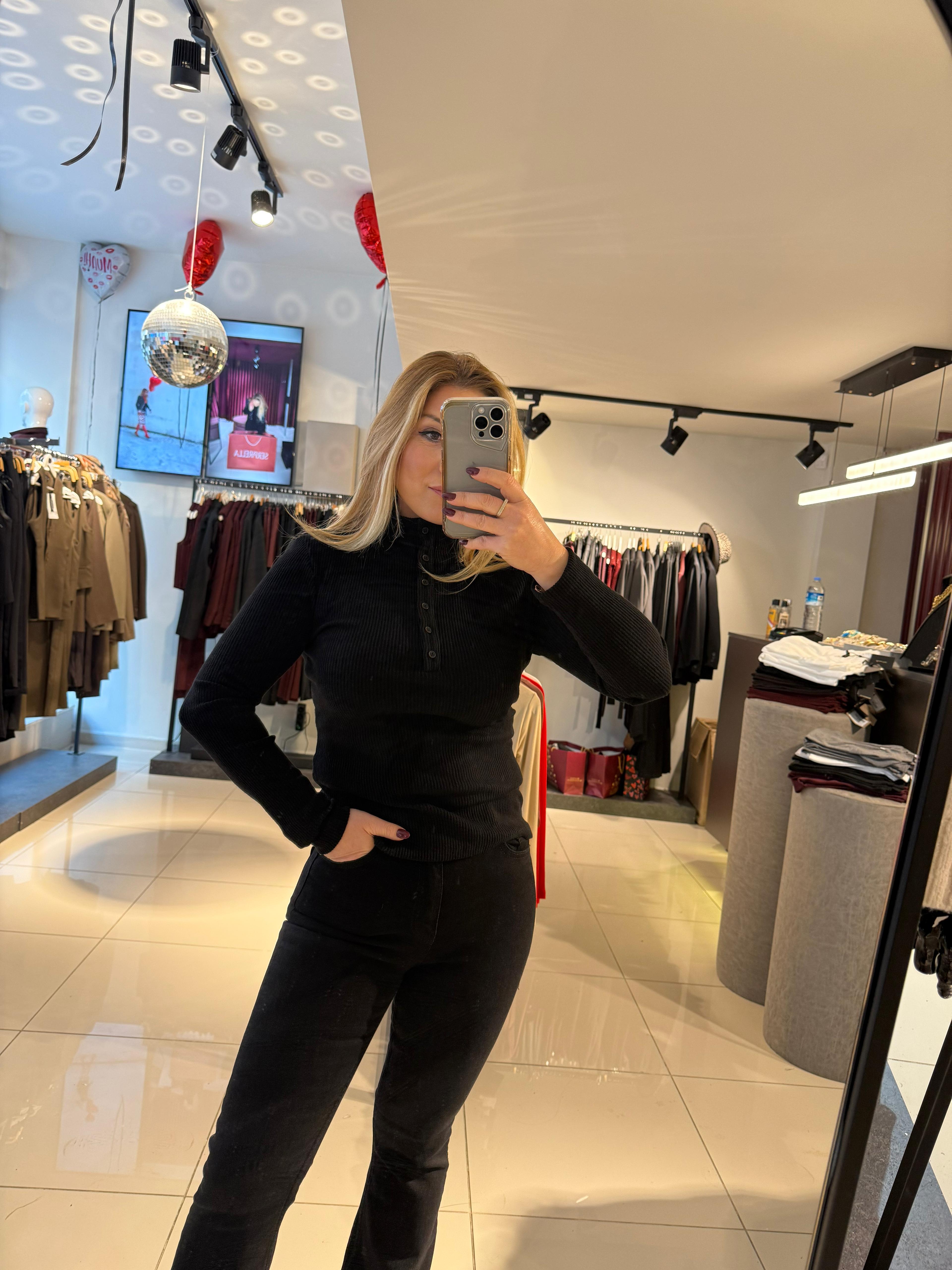 Bluz31435 Balıkçı Yaka Düğmeli Top Siyah