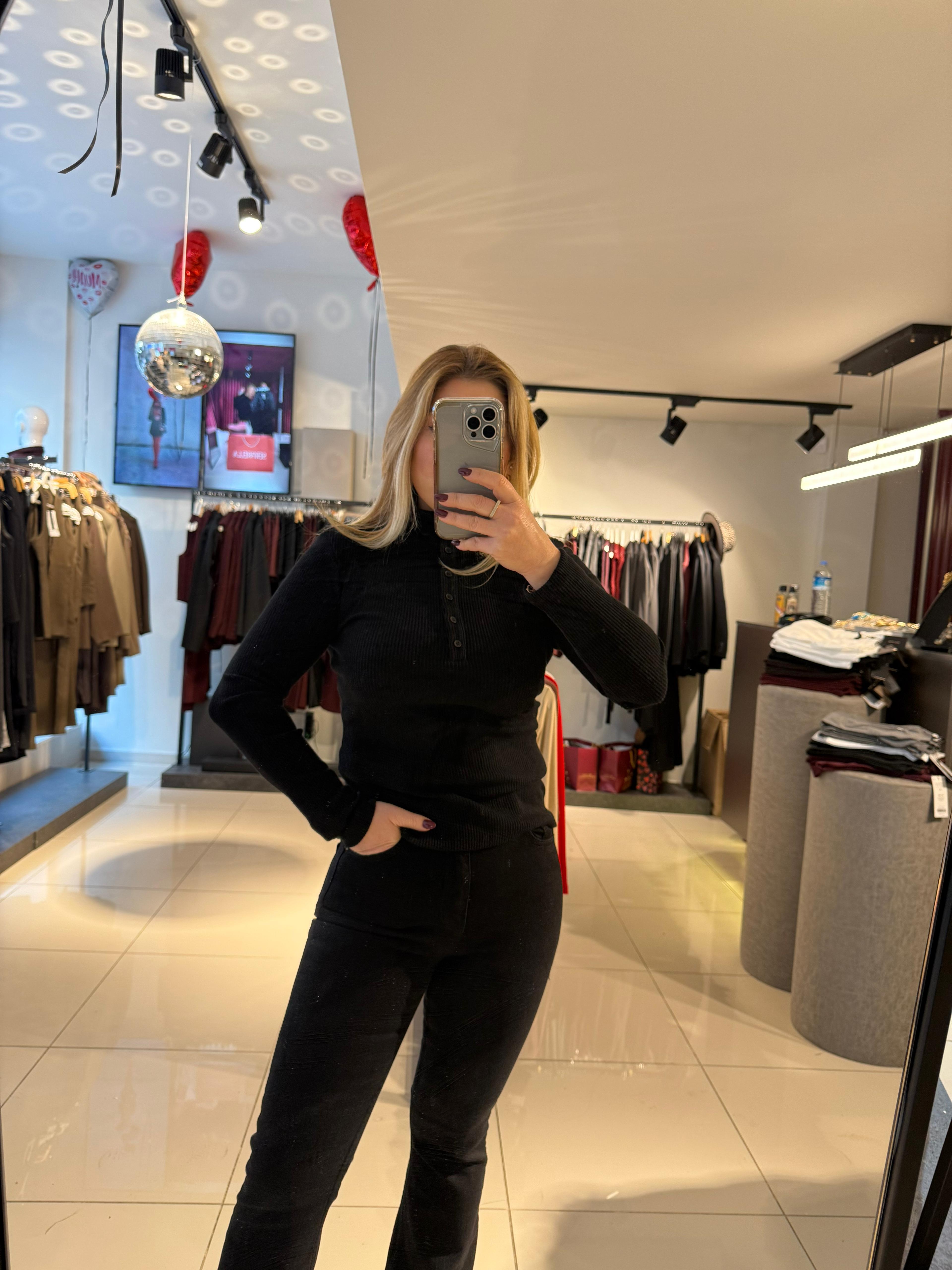 Bluz31435 Balıkçı Yaka Düğmeli Top Siyah