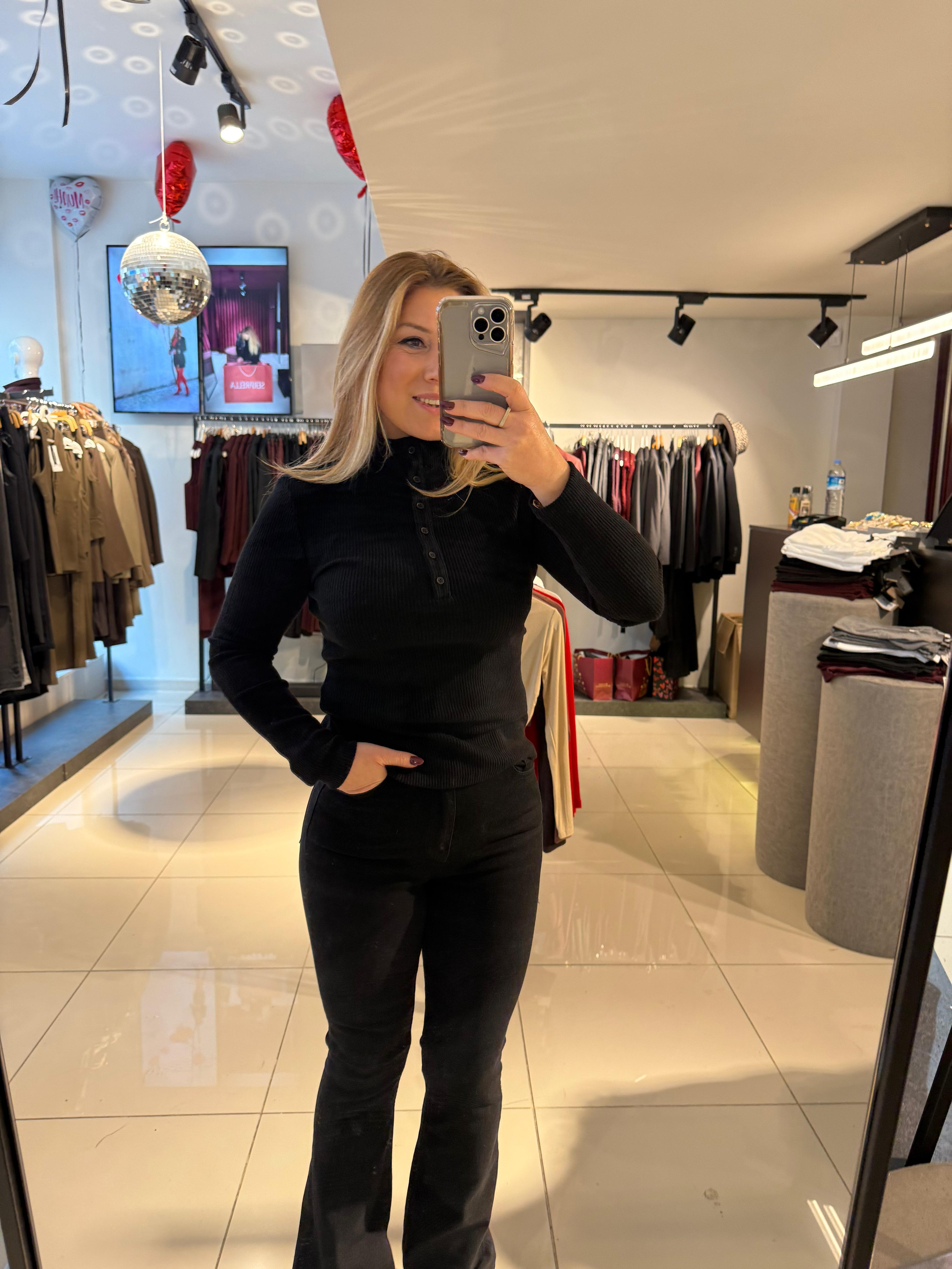 Bluz31435 Balıkçı Yaka Düğmeli Top Siyah