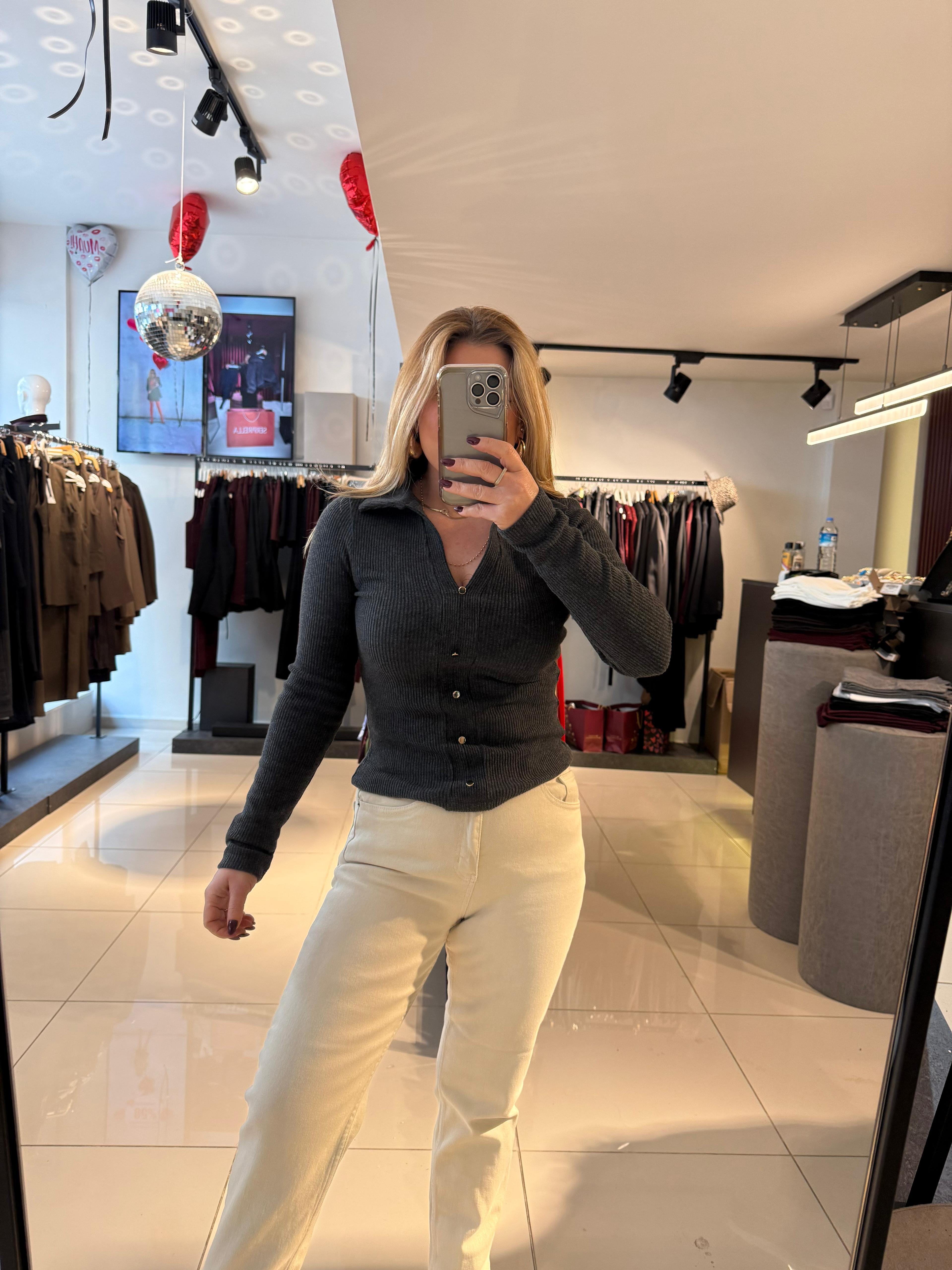 Bluz31436 Polo Yaka Düğme Detay Top Antrasit