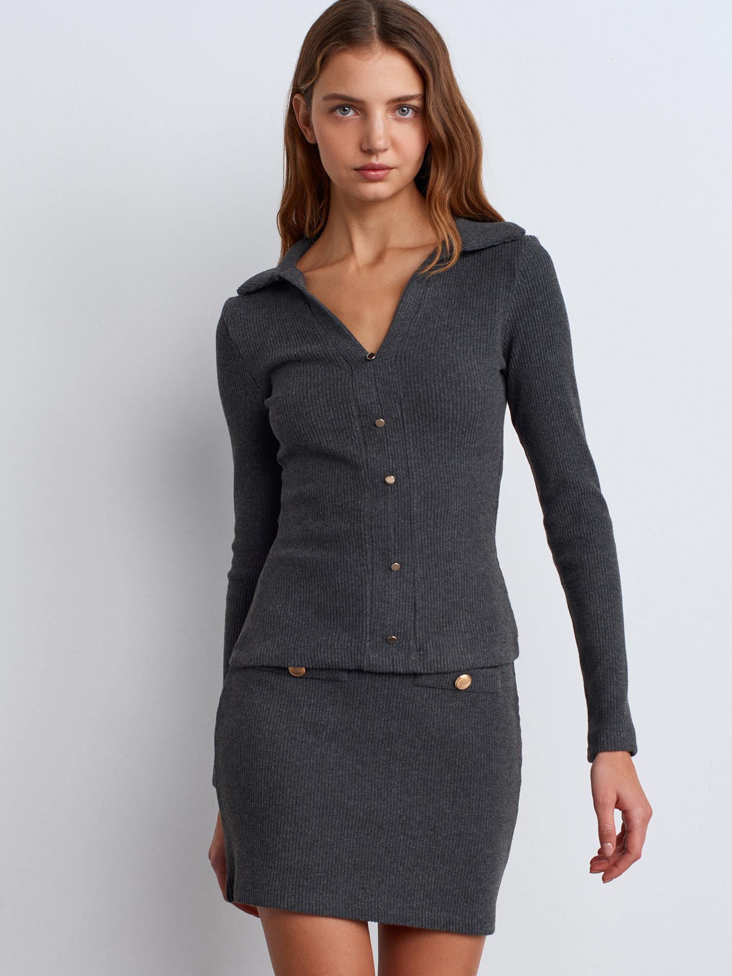Bluz31436 Polo Yaka Düğme Detay Top Antrasit