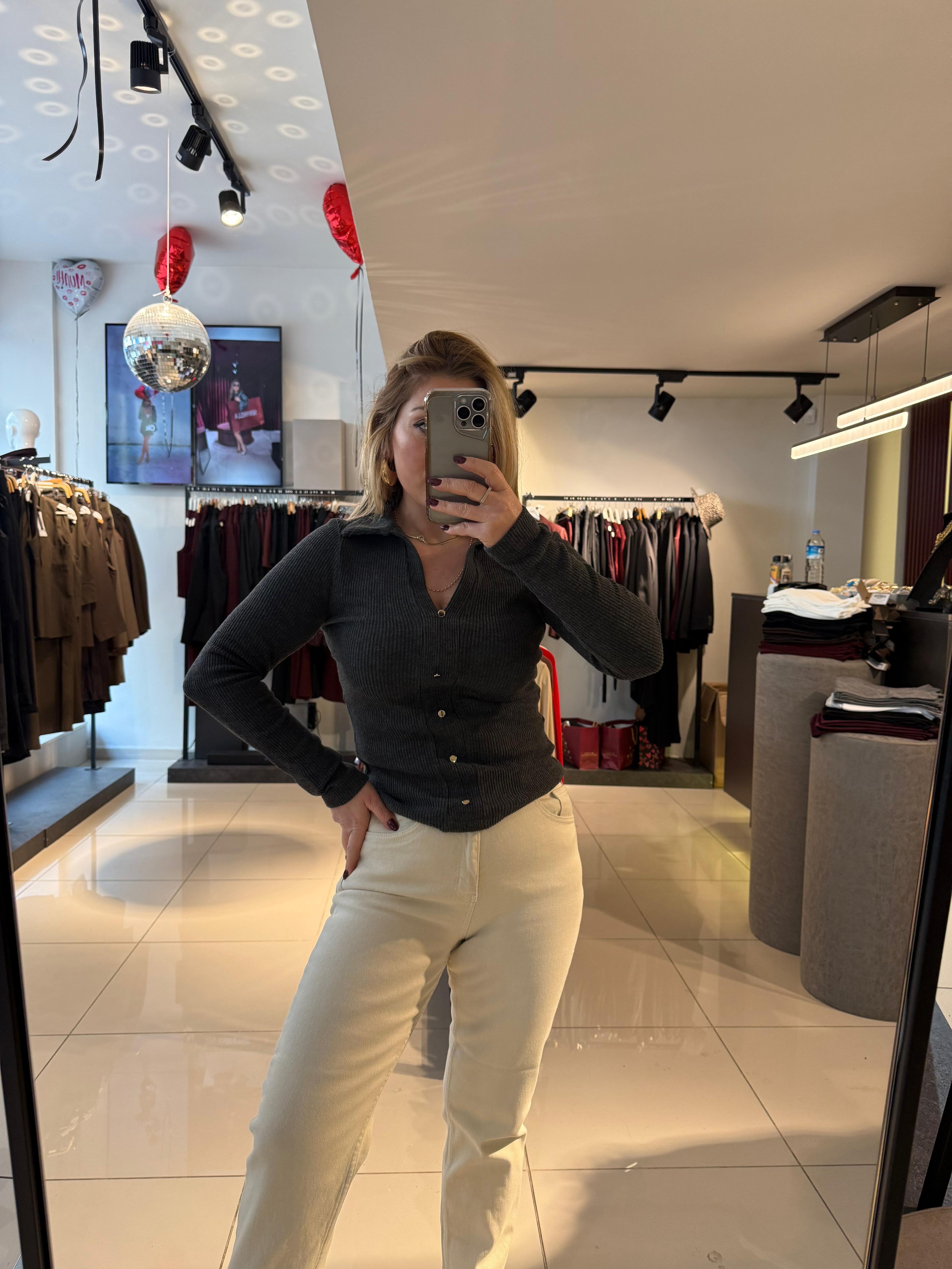 Bluz31436 Polo Yaka Düğme Detay Top Antrasit