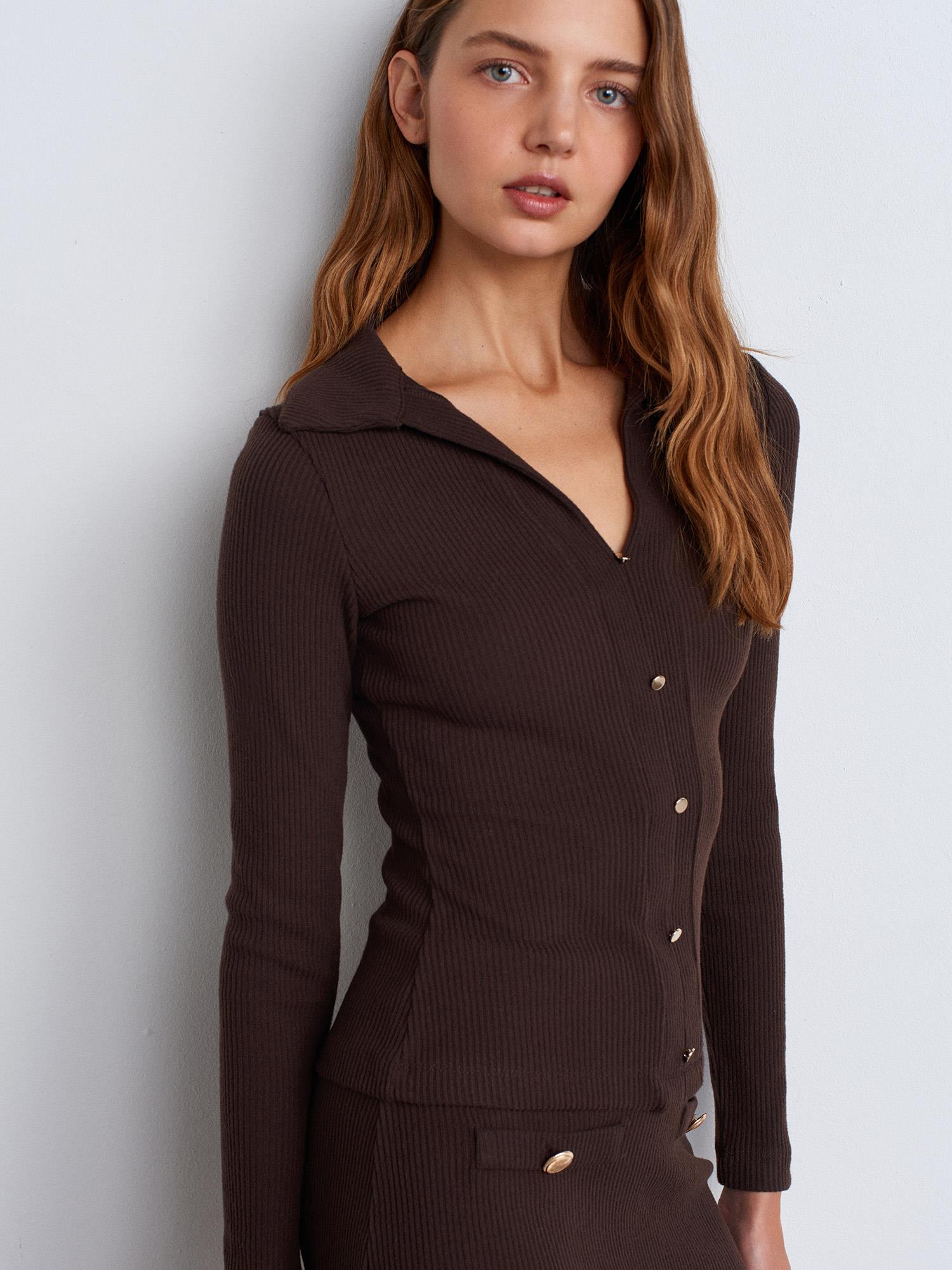 Bluz31436 Polo Yaka Düğme Detay Top Kahve