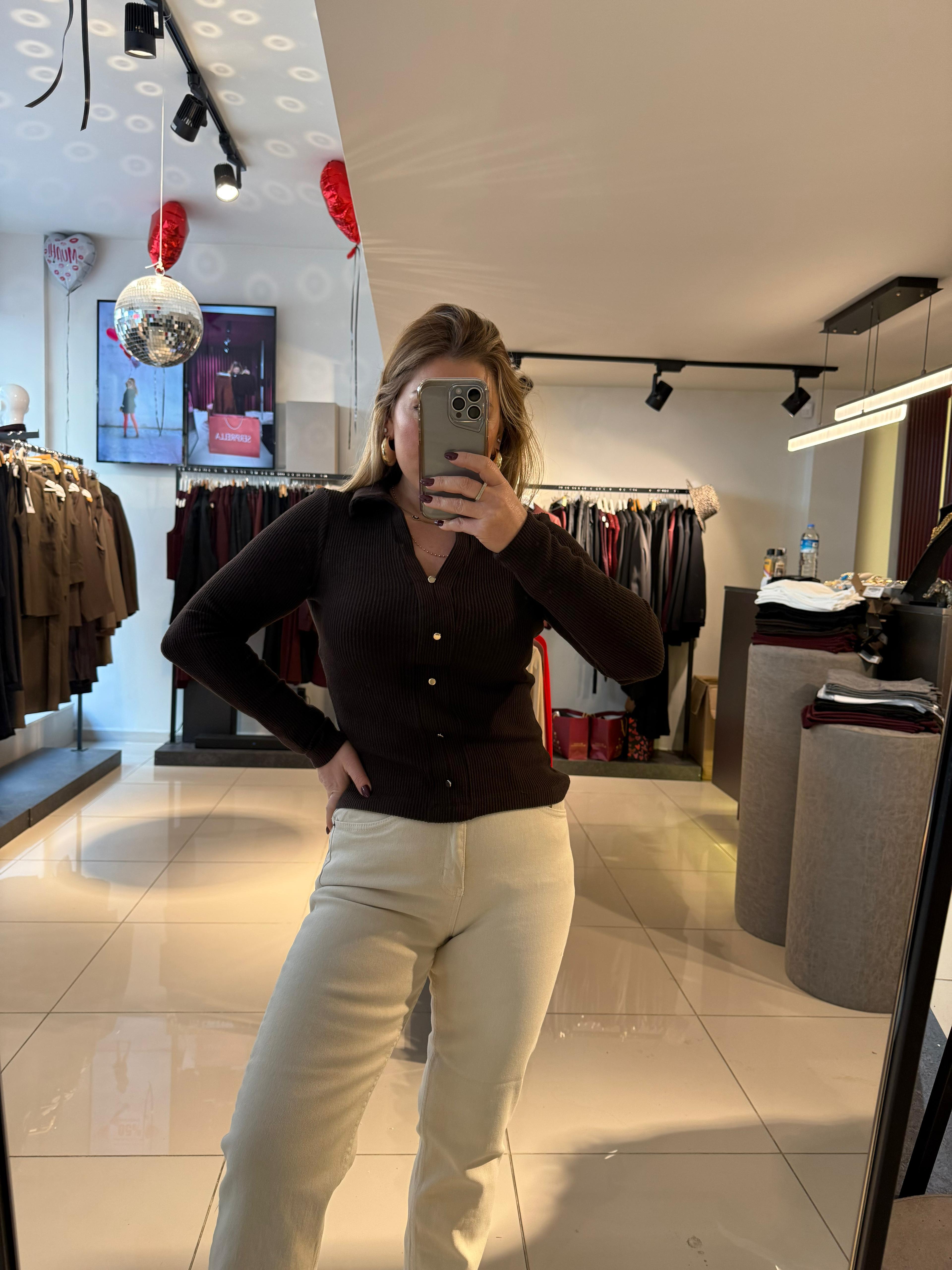 Bluz31436 Polo Yaka Düğme Detay Top Kahve